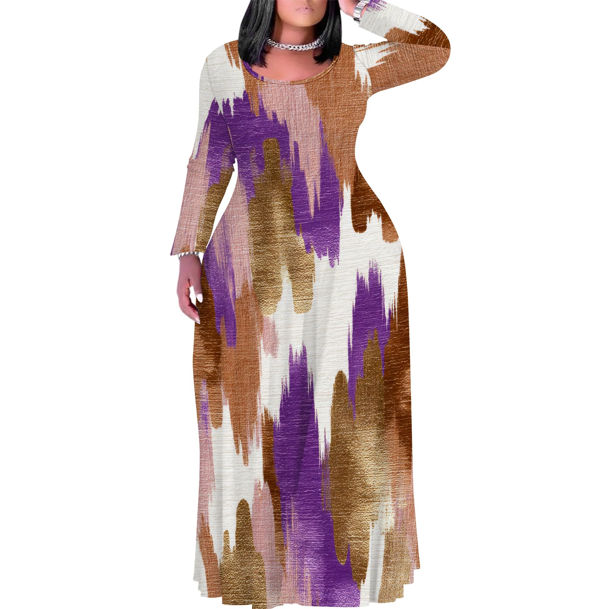 PinkPatty Plus Size Maxi Dress for Curvy Women Crew Neck Long Sleeves Casual Dress Vacation Sundresses with Pockets