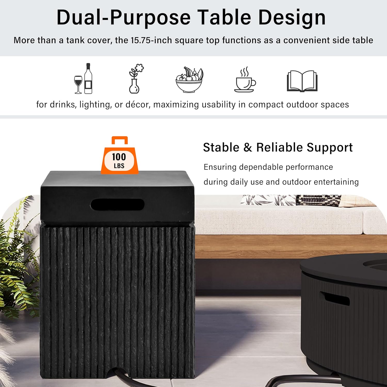 Polibi Outdoor Propane Tank Cover with Square Side Table & Fluted Texture, 100lb Capacity Weather-Resistant Enclosure for Standard 20 lb Tanks, Black
