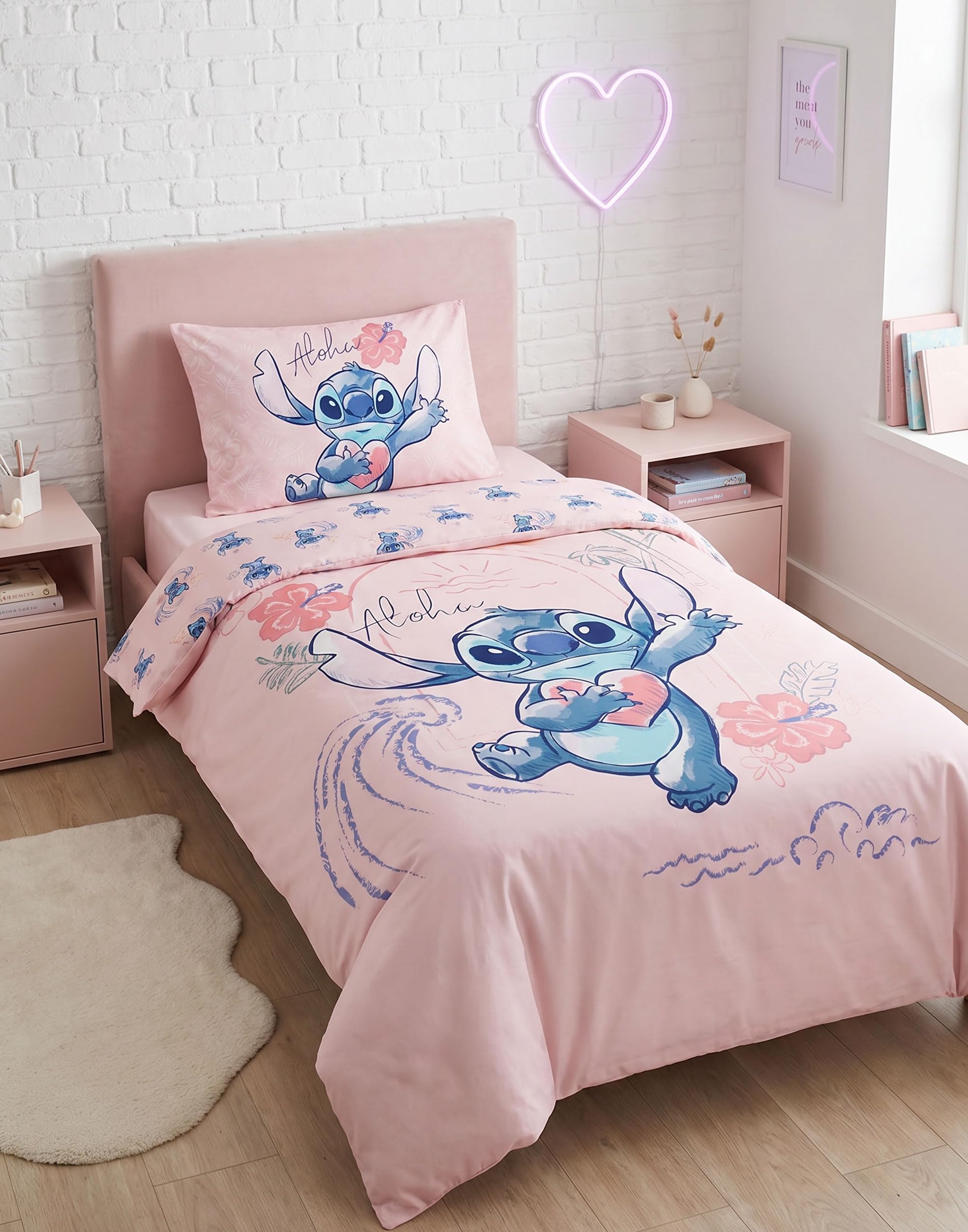 Disney Stitch Aloha Pink Single Duvet Cover Set | Reversible Bedding with Pillowcase | Character Print Quilt Cover | Kids Bedroom Decor | Single Bed Set Lilo & Stitch Merch