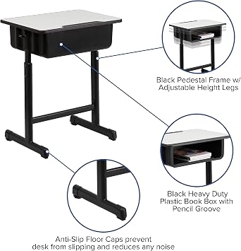 Flash Furniture Billie Open Front Student Desk for Classrooms or Remote Learning, Height Adjust School Desk with Book Box and Bag Hooks, Black/Gray