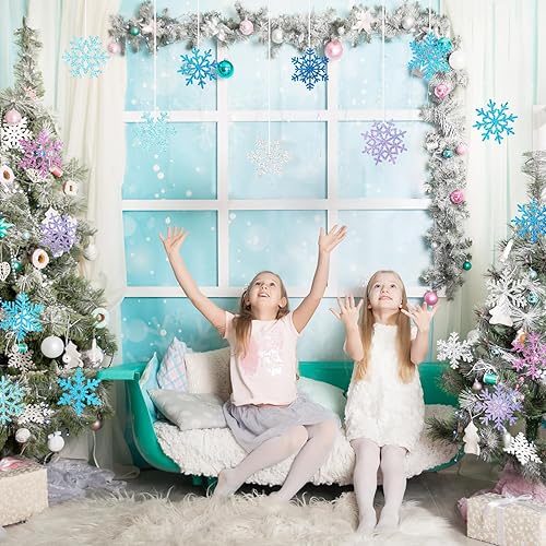 Miniatura 5 de Zonon 48 piezas de recortes de copo de nieve para decoración de invierno y Navidad, recortes de papel de copo de nieve con puntos de pegamento para