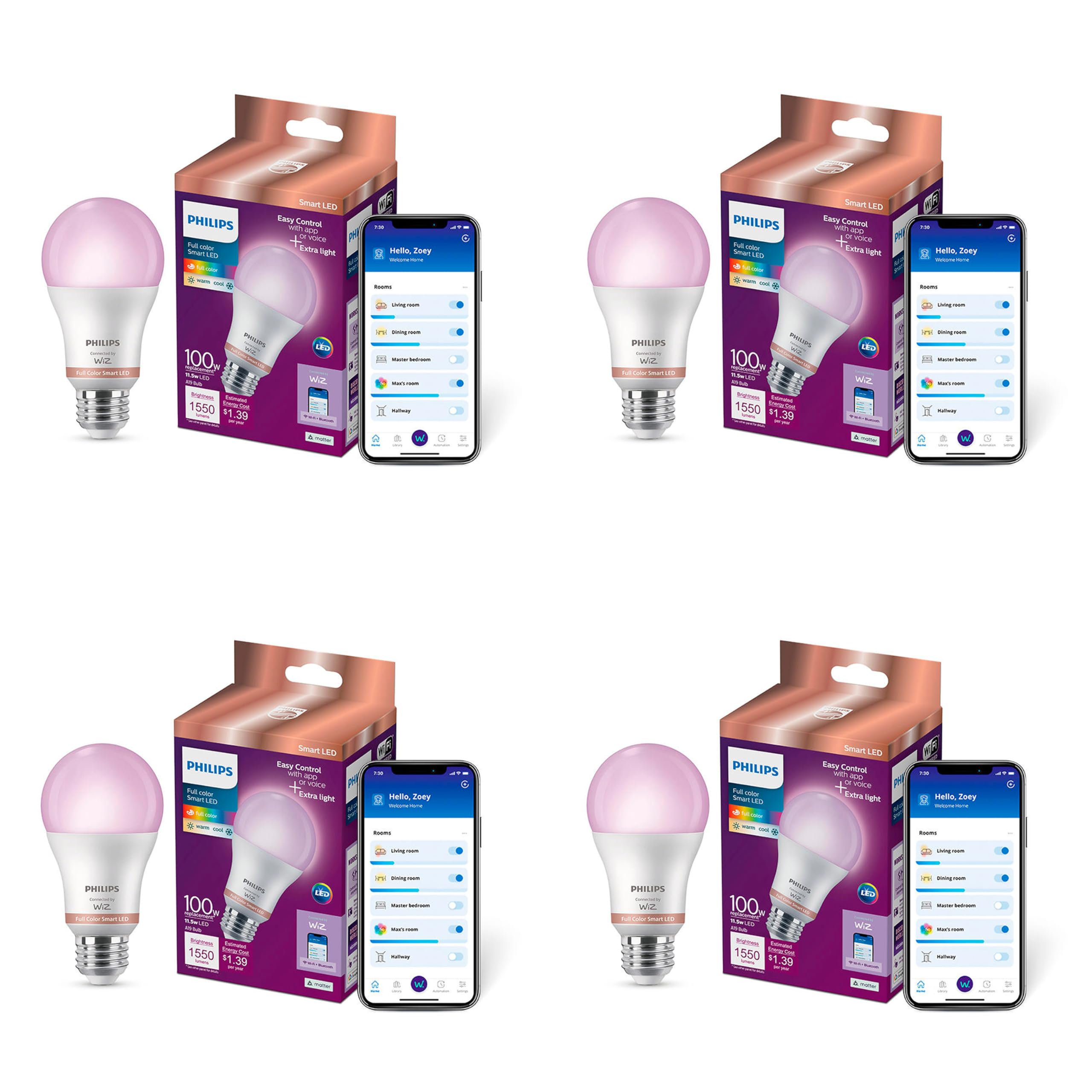 Philips Smart 100W A19 LED Light Bulbs 4-Pack - Connects to Your Wi-Fi - E26 - Control with Voice or App + Activate with Motion - Matter Compatible