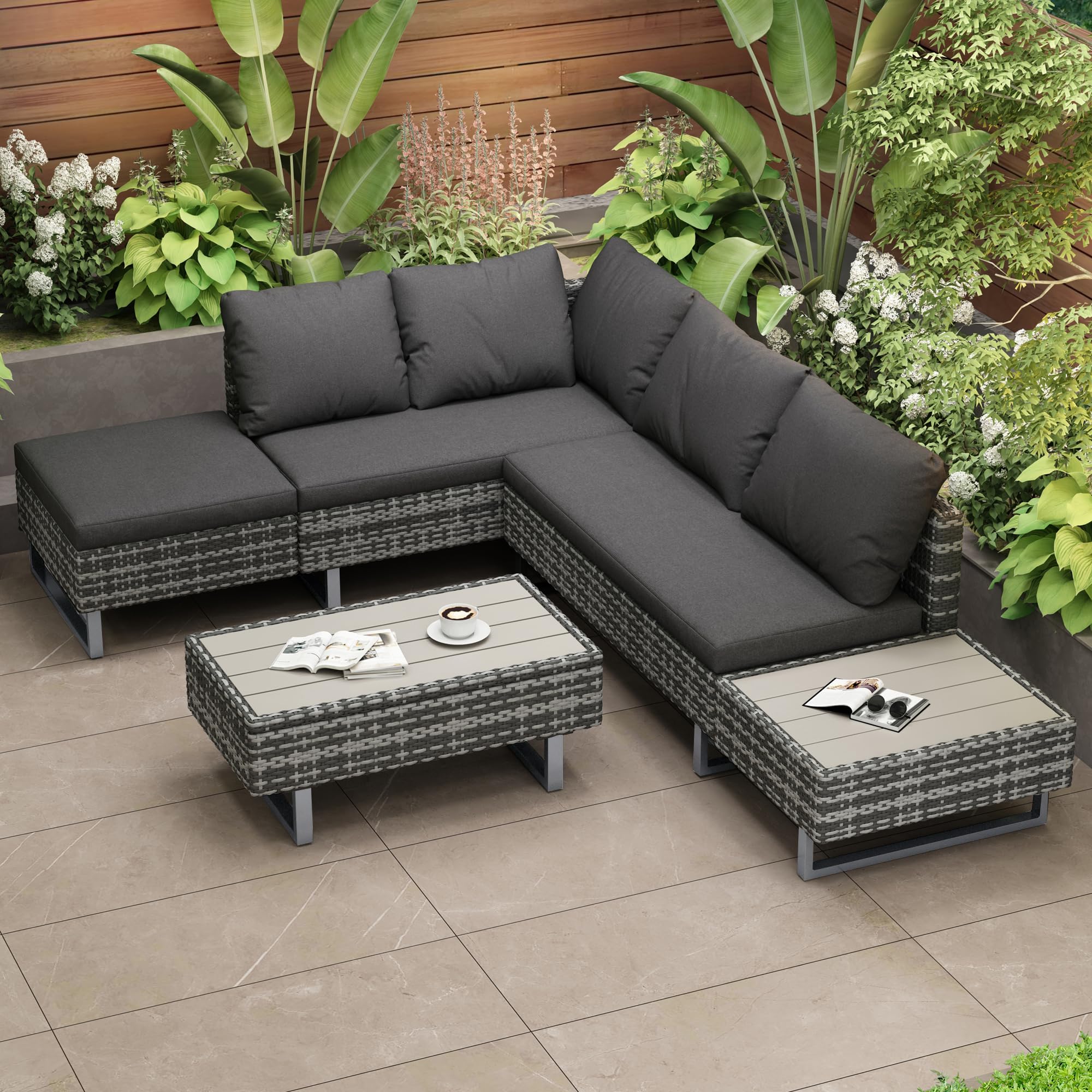Rtopsu Polyrattan Gartenmöbel Sitzgruppe Sofa Set für 5 Personen, Gartenlounge Balkonmöbel Terrassenmöbel mit Ecksofa Gehärtetem GlasTisch und Auflagen für Innenhof Garten Balkon, Grau