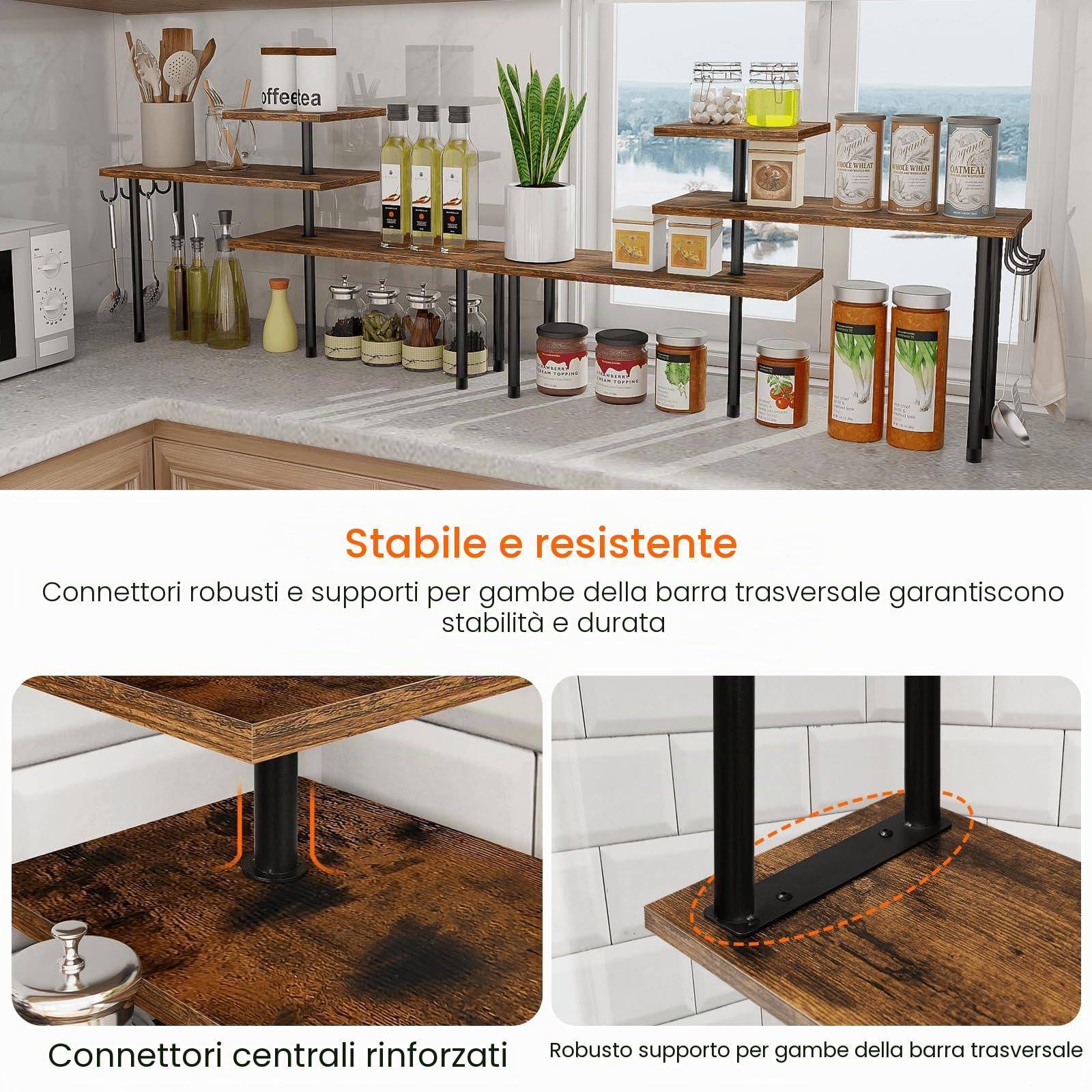 Homode Mensola angolare per piano di lavoro della cucina, organizer per bancone del bagno, 3 ripiani, organizer salvaspazio per bancone della cucina, portaspezie, bar, sopra il lavandino, marrone