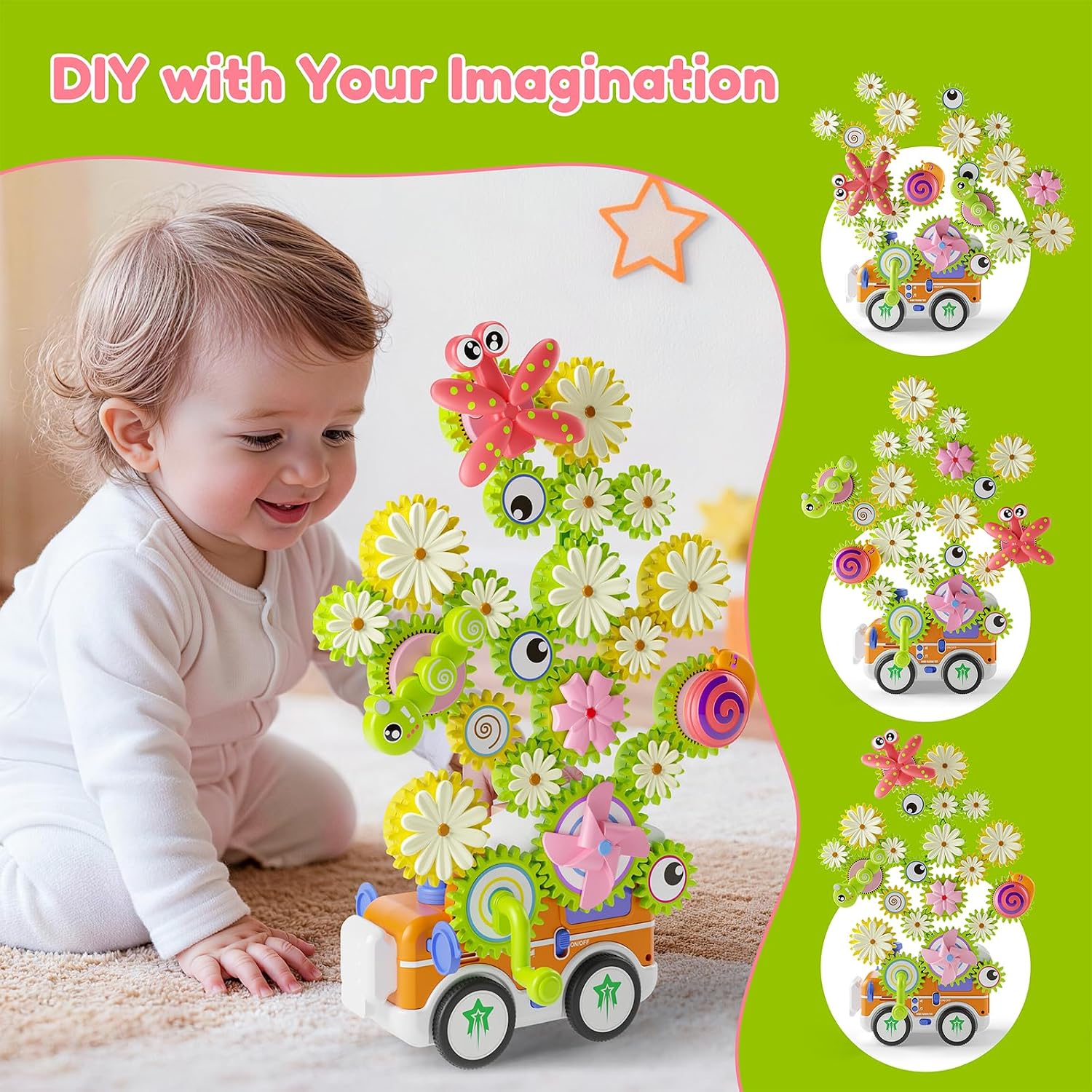 Gears Building Toys for Kids Ages 3+, STEM Construction Set for Toddlers, Train and Flower Models with Electric & Manual Modes, Lights and Music, DIY Educational Learning Toys Gift for Boys and Girls