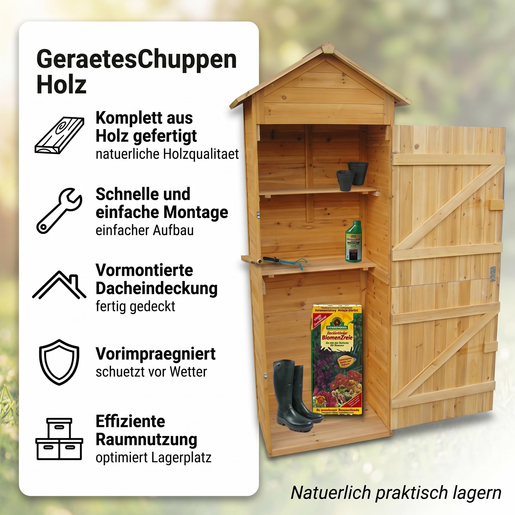 Mucola Gerätehaus mit 2 integrierten Regalböden 79x49x190 cm Geräteschuppen Gartenschrank aus Holz Geräteschrank Gartenhaus Gartengerätehaus
