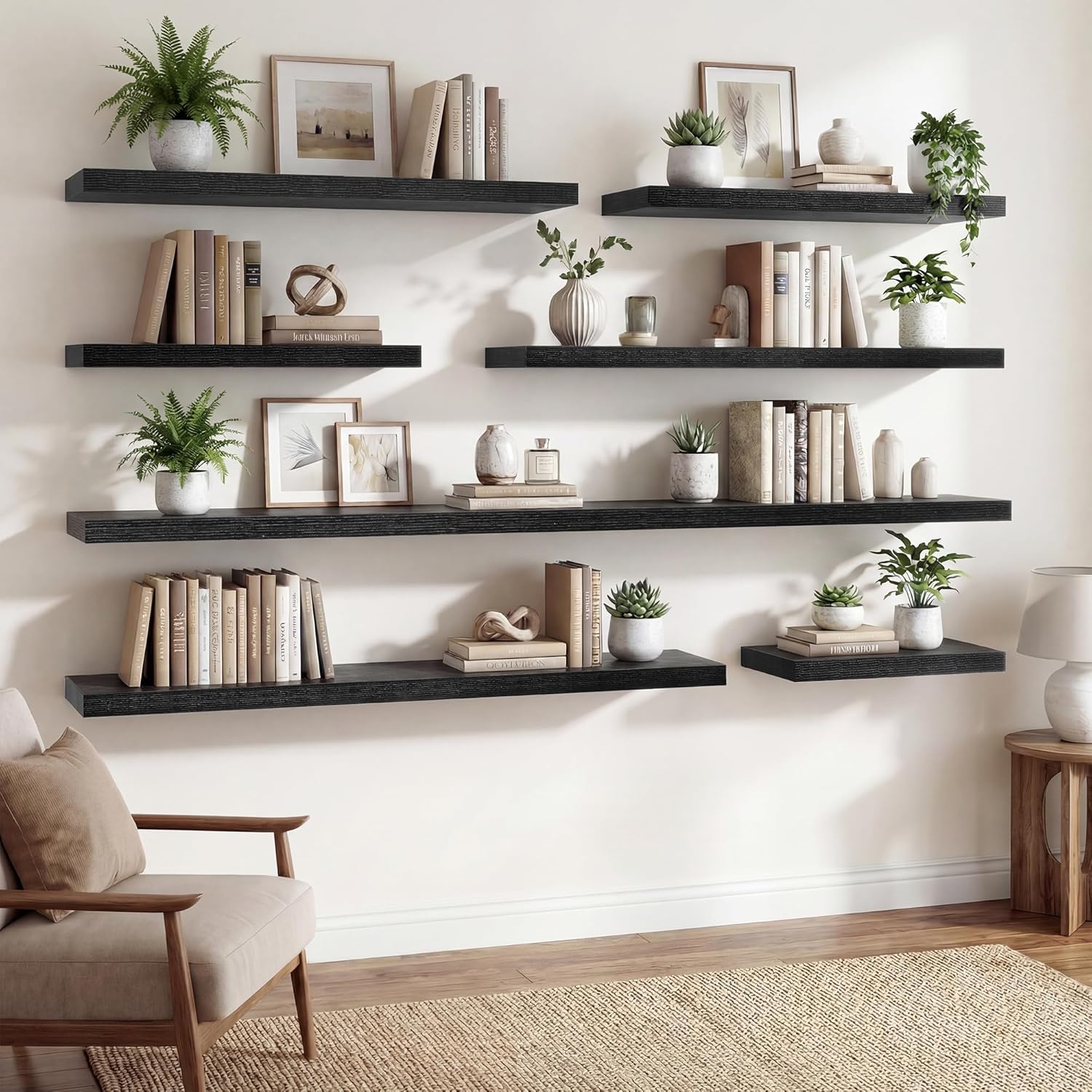 Acovy Floating Shelves for Wall,18 Inch Black Wall Shelves Set of 2,9.3" Deep Floating Shelf with Invisible Bracket,Wall Mounted Storage Shelf for Farmhouse Home Decor,Living Room,Bedroom,Bathroom