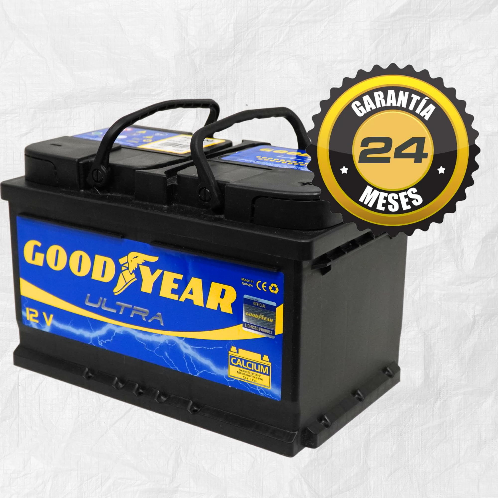 Batería de coche 76 Ah 680 Amp. GOOD YEAR. 24 Meses de Garantía. + 20% de Potencia de Arranque. Máxima Fuerza de Aranque. Fabricante Lider Mundial. Medidas: 278 Largo X 175 Ancho X 190 Alto.