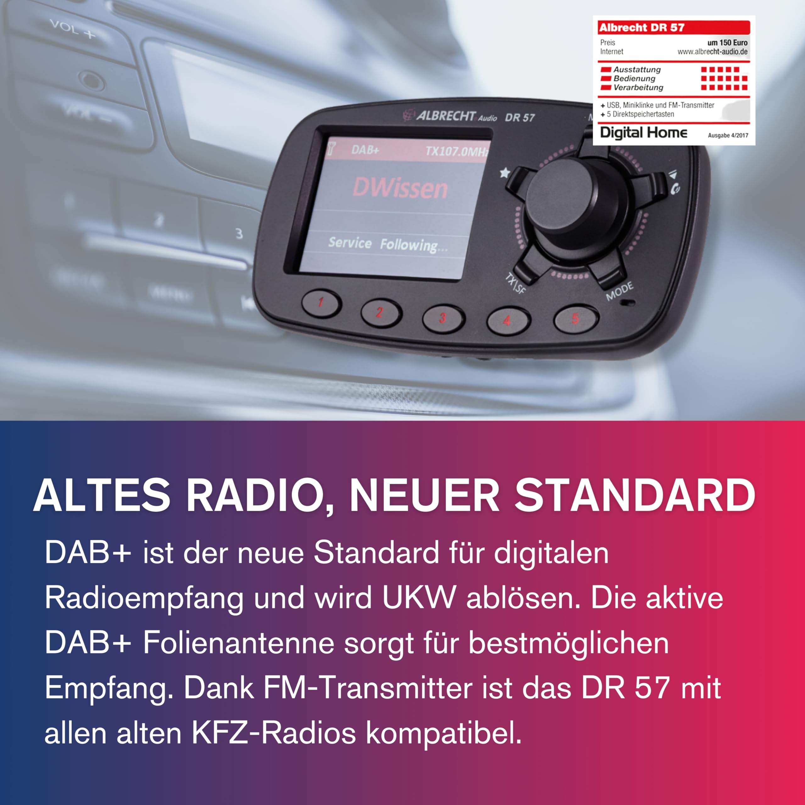 Albrecht DR 57 Adapter zum Aufrüsten von Auto-Radios, 27257, FM-Transmitter für DAB+ Sender und Bluetooth-Verbindung vom Smartphone zum UKW-Radio, schwarz