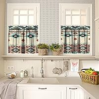 Vista 2 de Aztec Native - Juego de cortinas de cocina, cenefas geométricas tribales del suroeste para ventana de cocina, cortinas cortas con estampado étnico
