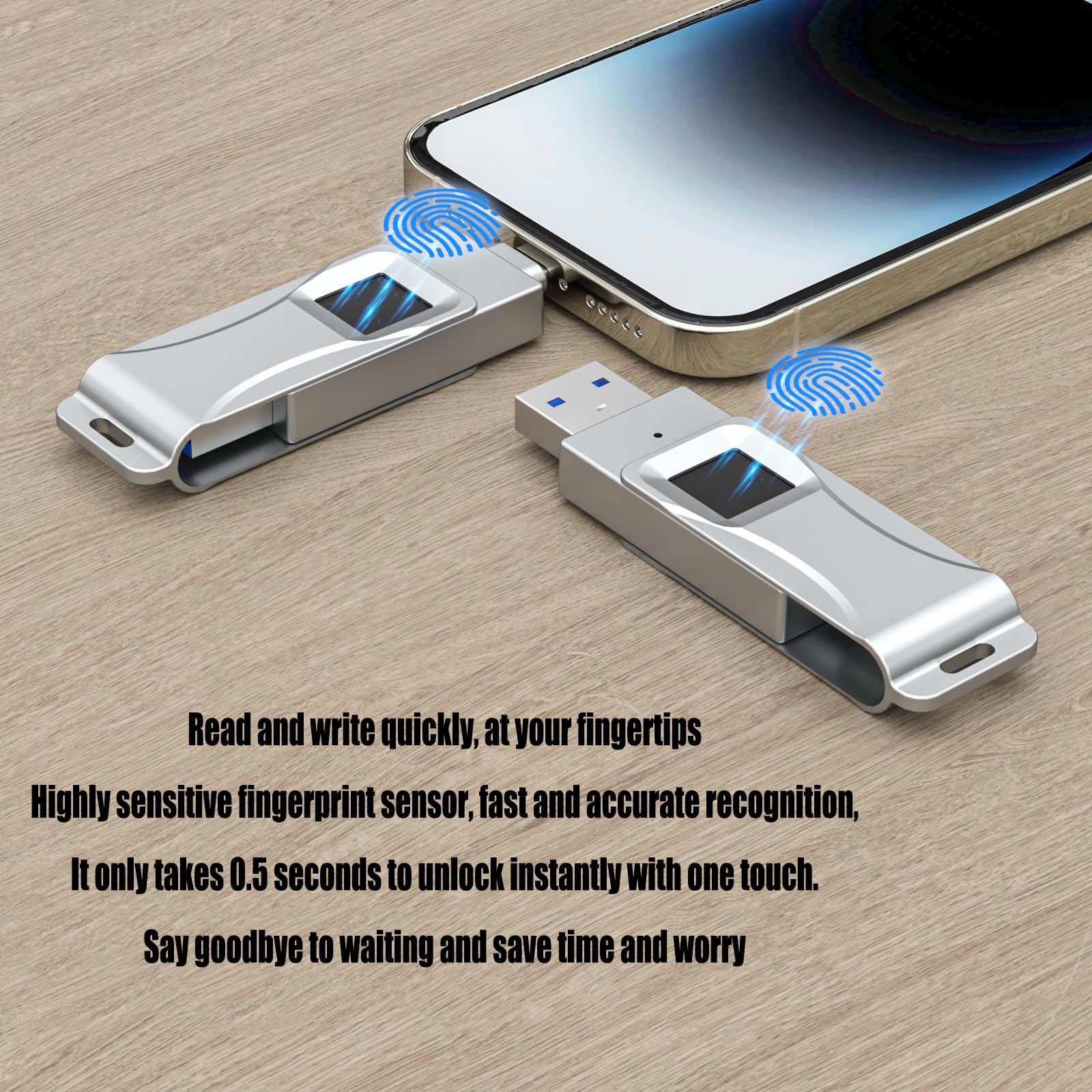 Cover protettiva girevole a 360°, chiavetta USB con crittografia impronta digitale, doppio utilizzo per cellulare/computer,512GB
