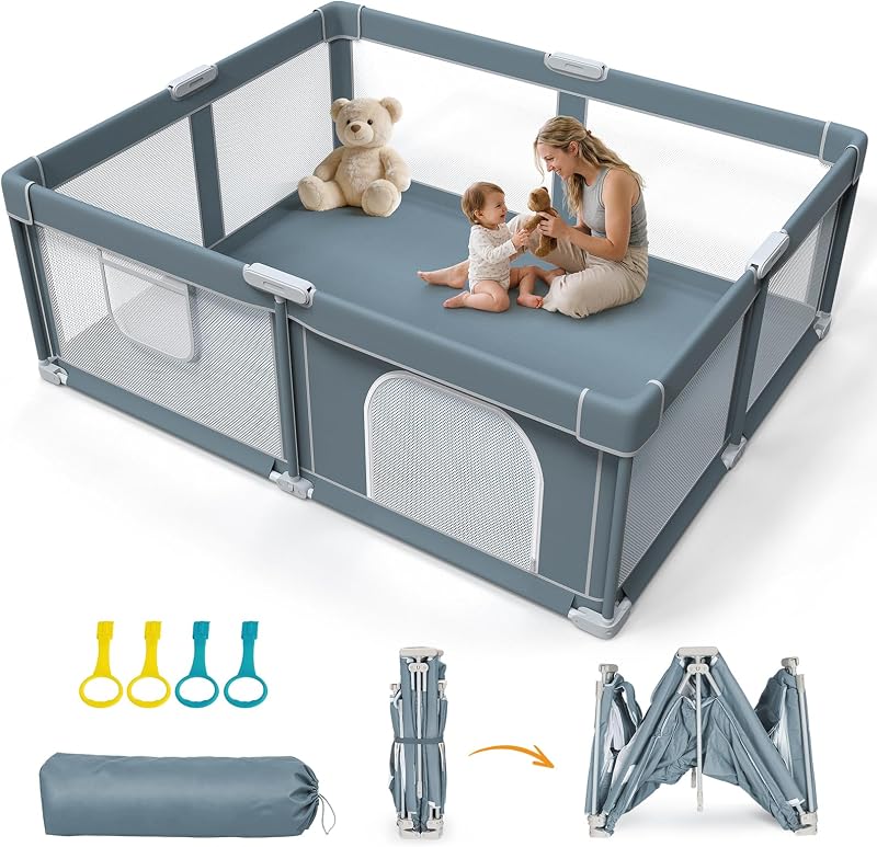 OMZER Foldable Baby Playpen, 71x59 Inch Large Collapsible Play Yard | Large play area, quick 60-second setup, easy fold storage, breathable mesh walls, zipper door, carry bag included for travel