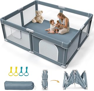 OMZER Foldable Baby Playpen, 71x59 Inch Large Collapsible Play Yard | Large play area, quick 60-second setup, easy fold storage, breathable mesh walls, zipper door, carry bag included for travel