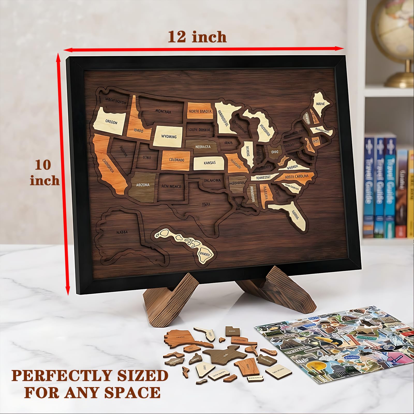 Puzzle carte de voyage USA en bois 30,5 x 25,4 cm 50 états amovibles avec support