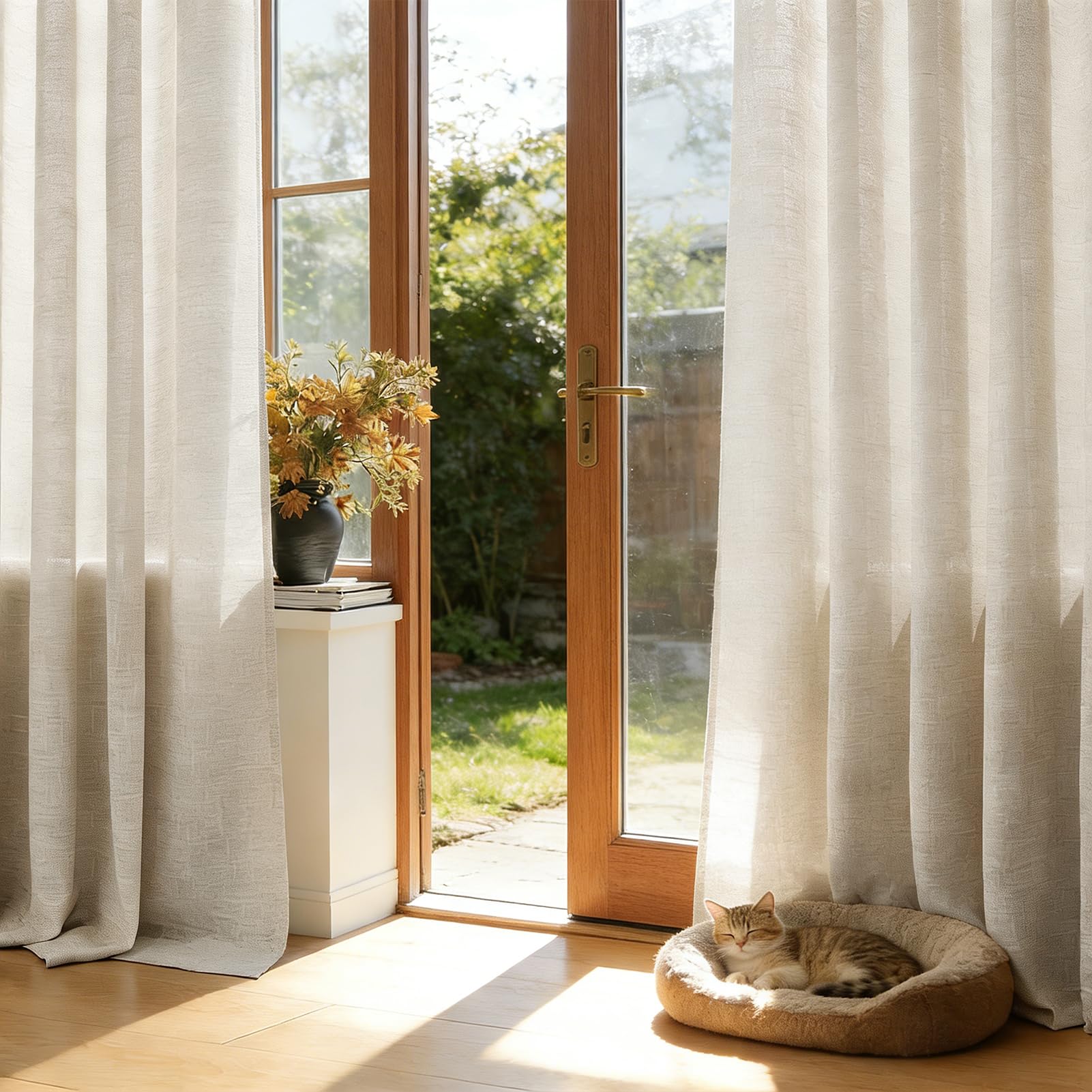 Topfinel 1er Set Leinenoptik Vorhänge Gardinen mit Ösen Halbtransparent Wohnzimmer, Beige Boho Leinen Vorhang H 240 x B 300 cm, Weich und Dünn Leinenvorhang Linen Curtains für Schlafzimmer Lounge