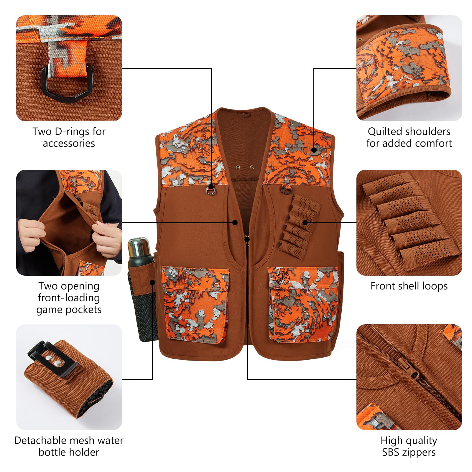 BASSDASH Upland FV11 - Gilet da caccia per uccelli, impermeabile, con tasche multiple, marrone/arancione, da uomo e donna