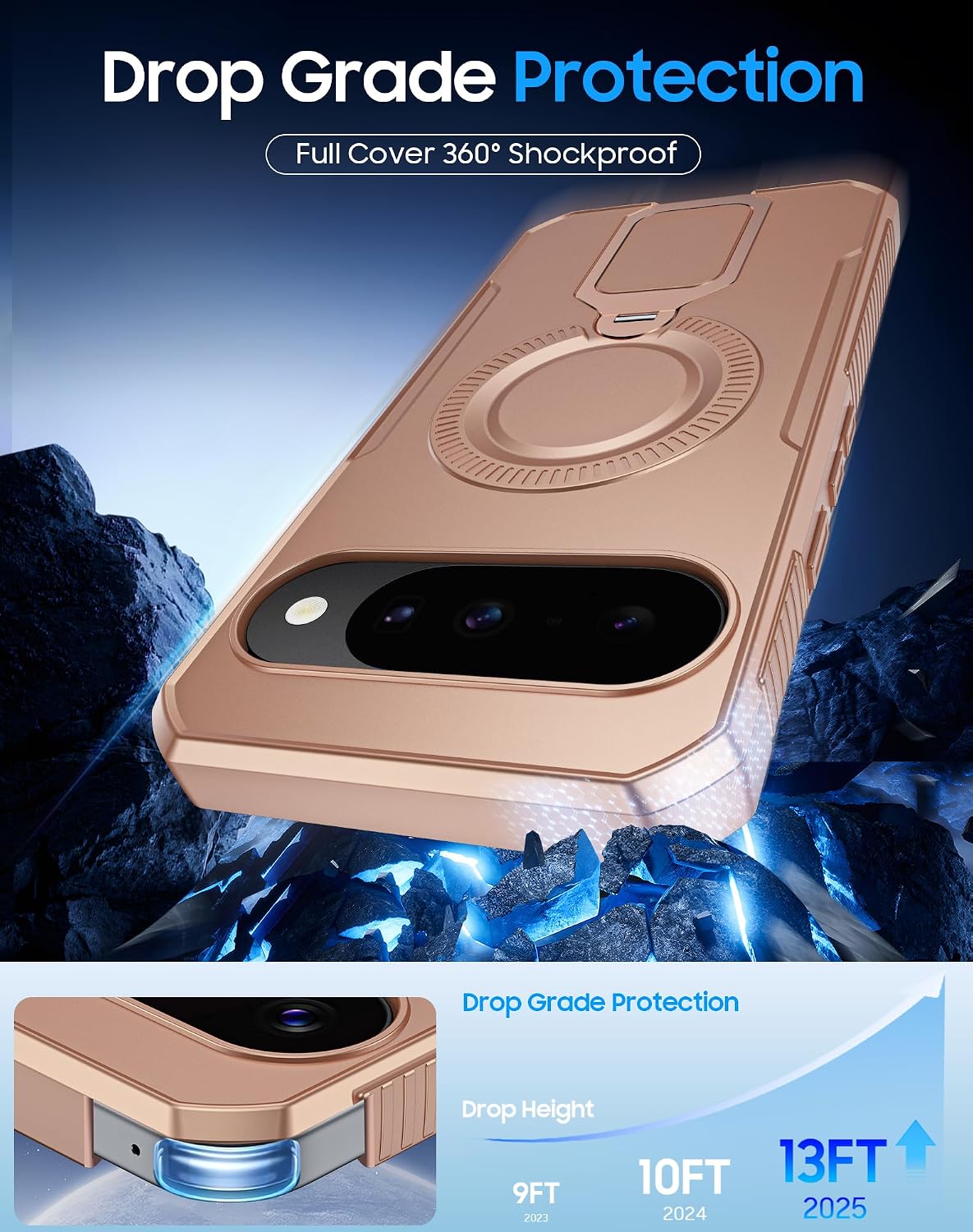 CENMASO Magnetic for Google Pixel 10 Pro Case/Pixel 10 Case with 360° Spin Stand, Fit for Magsafe, Military Grade Protection, Shockproof Case for Pixel 10/10 Pro with Kickstand (Gold)