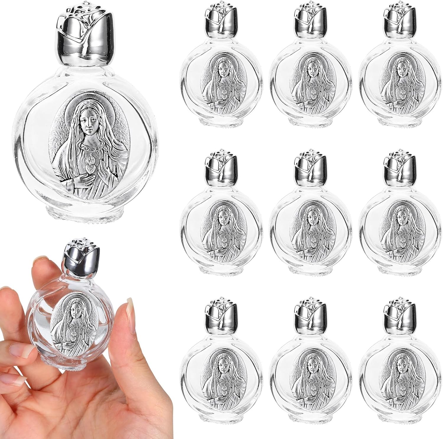 12 Pcs Glass Holy Water Bottles, Decorative 0.5 Floz Holy Water Container Embossed Portable Glass Travel Bottles Jesus Refillable Catholic Girl Communion Church Gifts for Home Wedding Baptism Favors