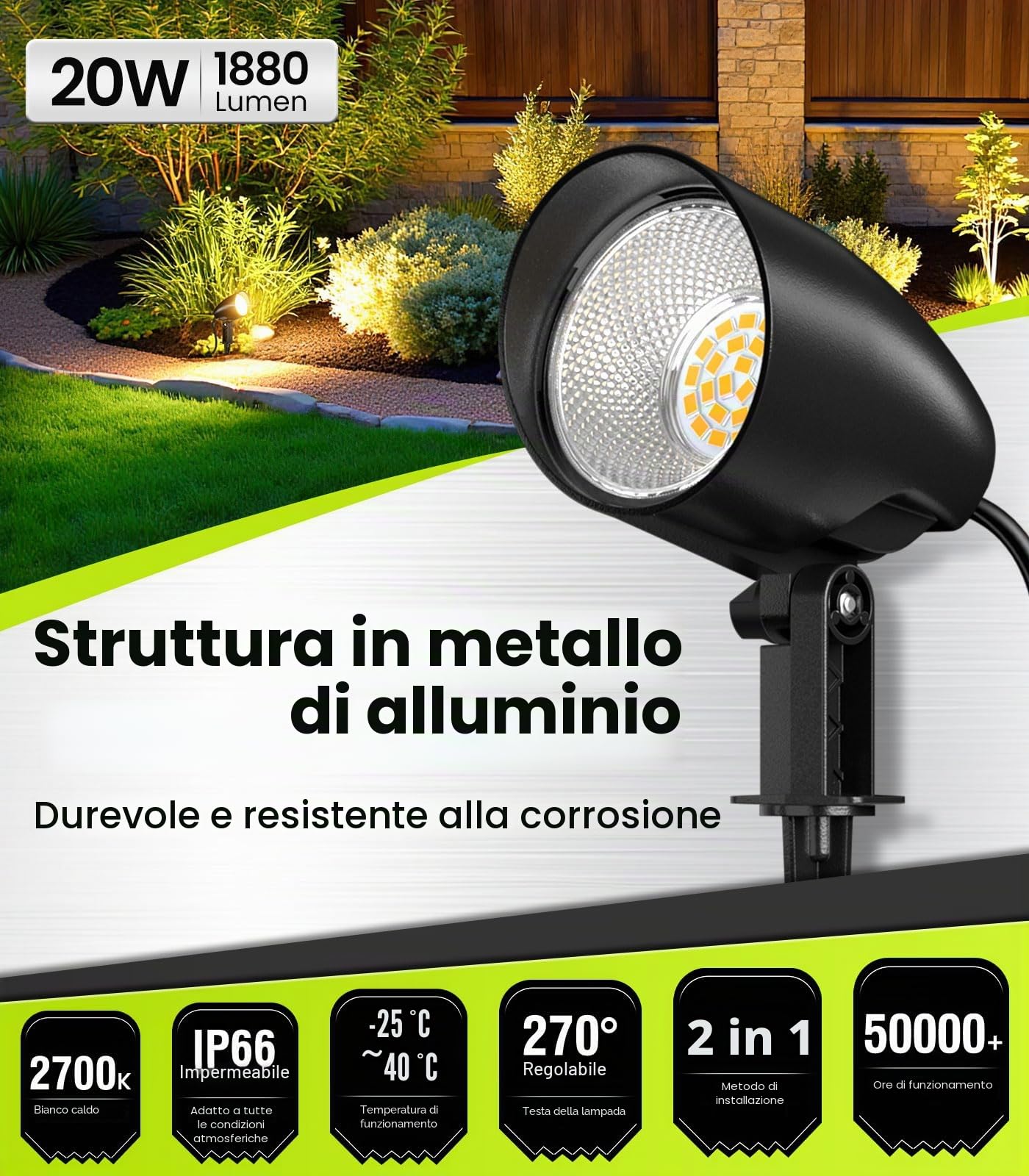 CLV Faretti Da Giardino Con Picchetto 20W 1880LM Alluminio Bianca Calda | Faretto Led da Esterno 2700K Lampade da Esterno IP66 Impermeabile Luci da Giardino da Terra per Cortile Alberi Sentieri
