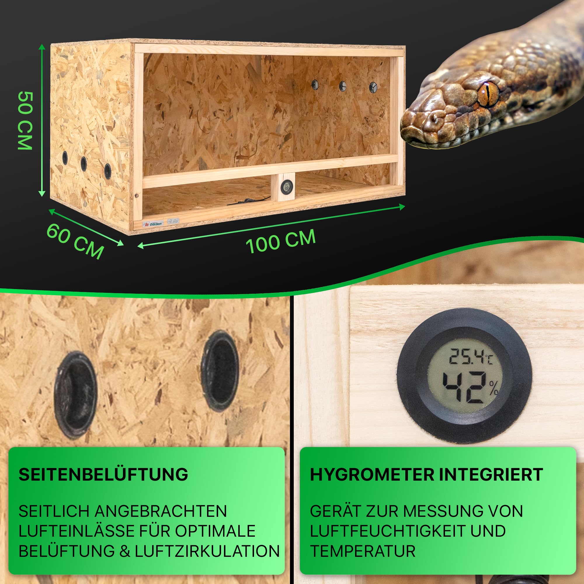 ITA Holz Terrarium 100x60x50 cm mit Seitenbelüftung & Integriertem Hygrometer - Holzterrarium aus OSB-3 Platten - Terrarien für Reptilien, Schlangen, Amphibien - EU Produkt, FSC Zertifiziert