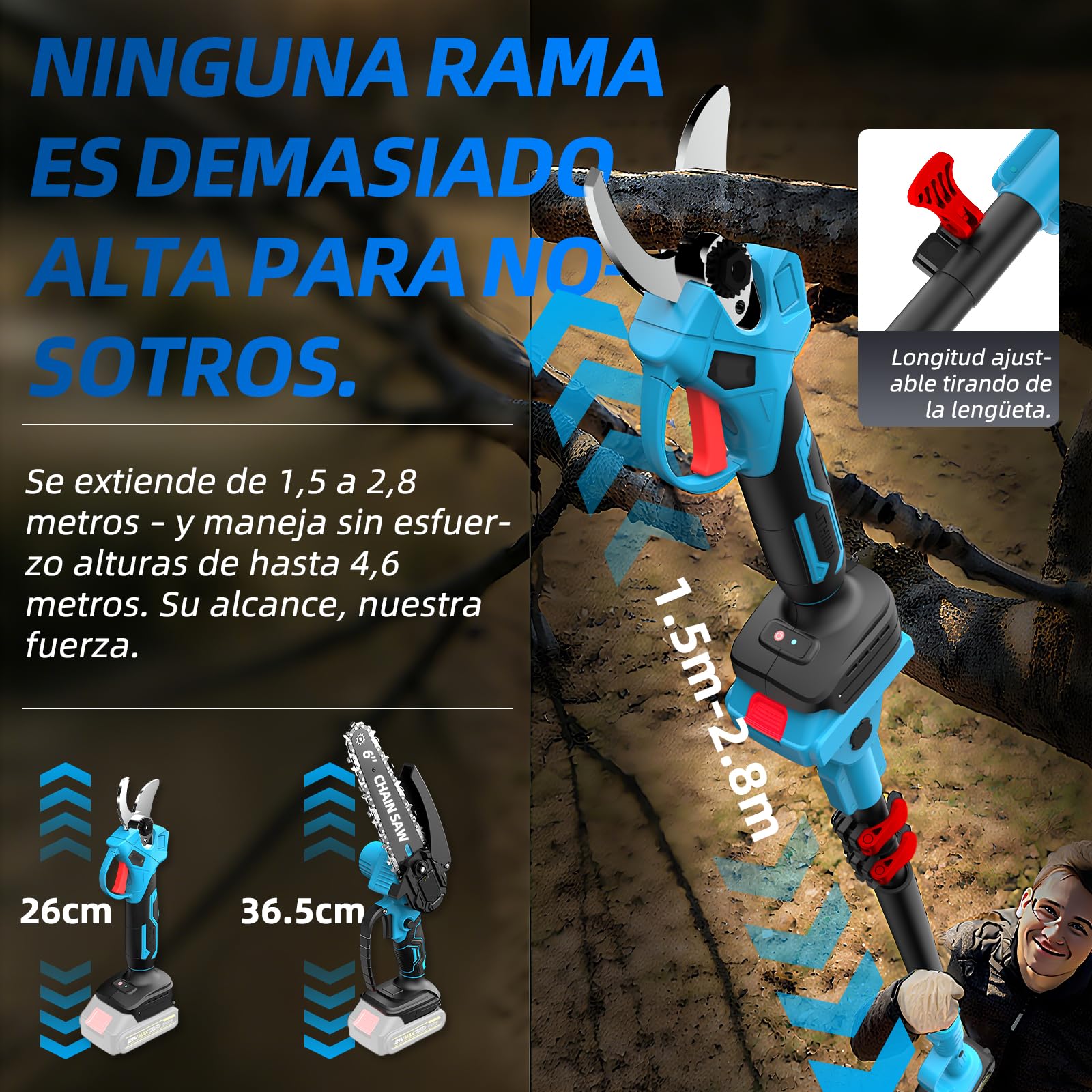 4 en 1 Podador de altura a batería Mini motosierra de 15 cm (6″) con telescópico (2,5 m) + Tijera eléctrica de 35 mm, incl. 2 baterías 21V – perfecto para cuidado de árboles y poda de ramas