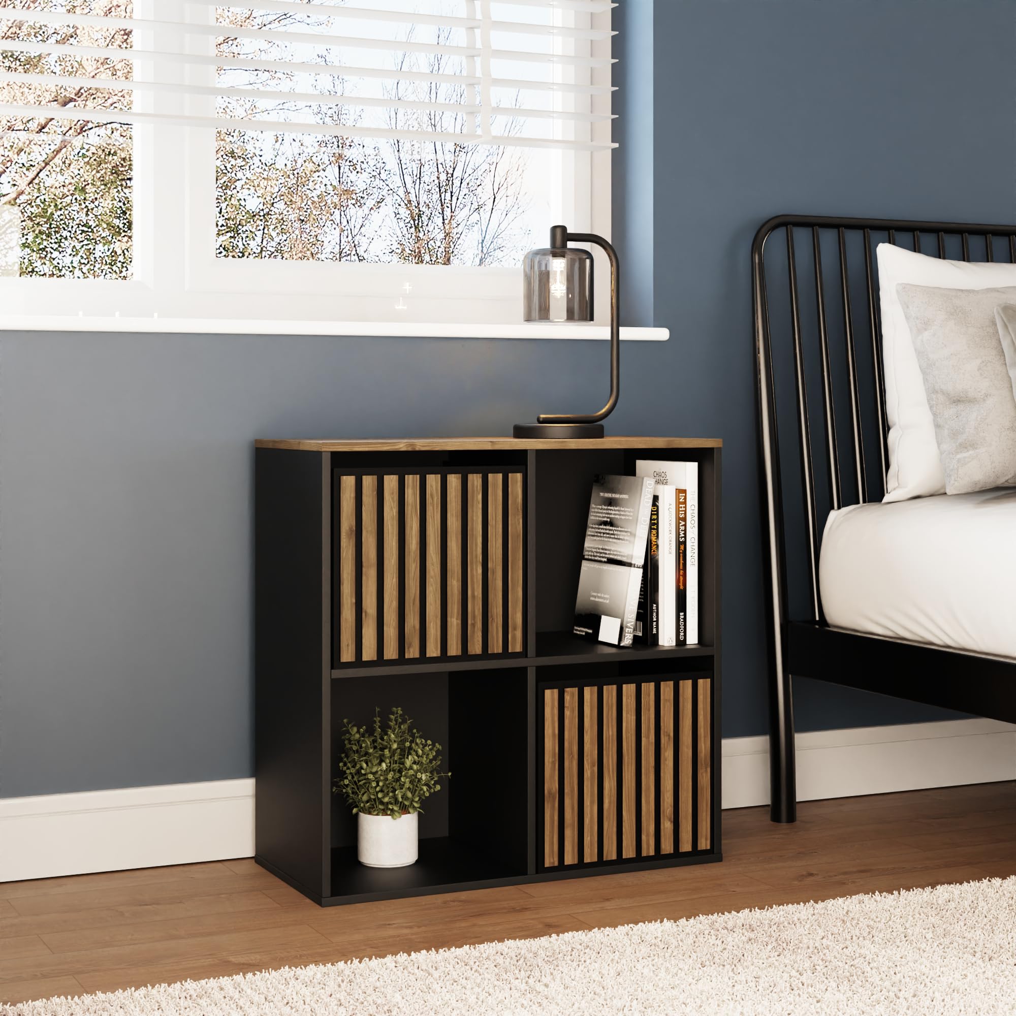 GFW Kube Cube Storage Unit with Open & Hidden Storage, Black & Walnut Effect Shelving Unit for Living Room, Bedroom or Office
