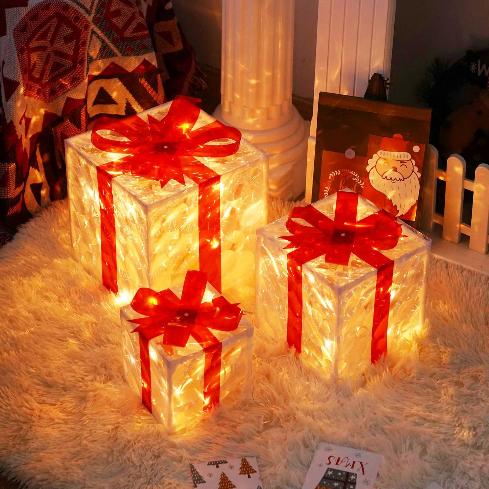 Décorations de Noël roses enfichables : lot de 3 boîtes cadeaux lumineuses extérieur et sapin