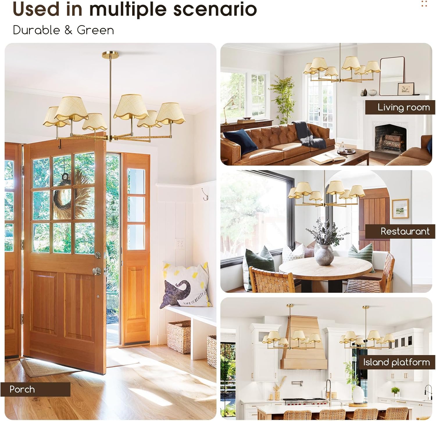 6-Light Farmhouse Chandelier 35.4" Boho Rattan Chandelier with Height Adjustable Dining Room Chandelier for Kitchen Island, Living Room