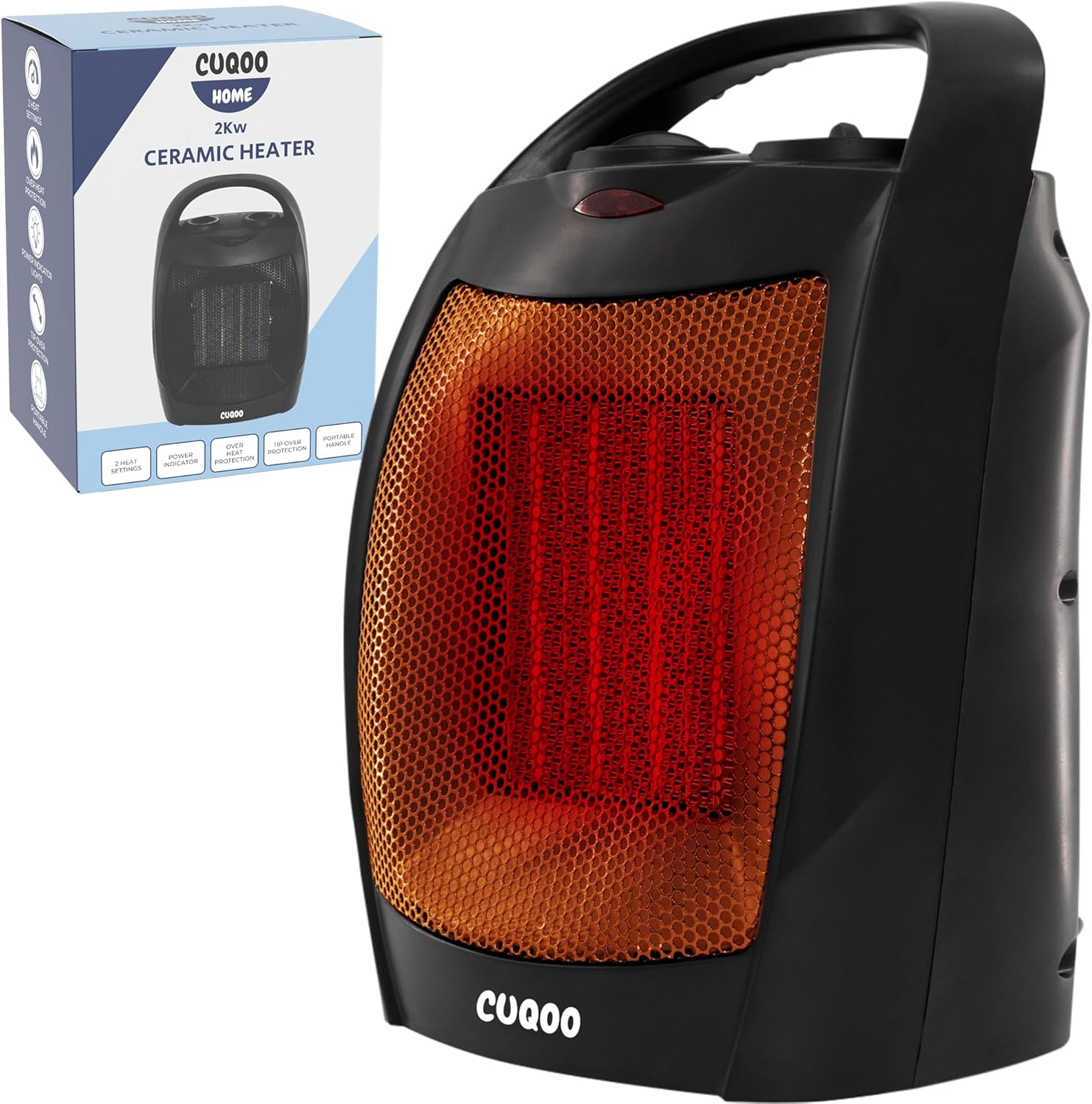 CUQOO Powerful 2KW Ceramic Heater with 2 Heat settings & Cool Function