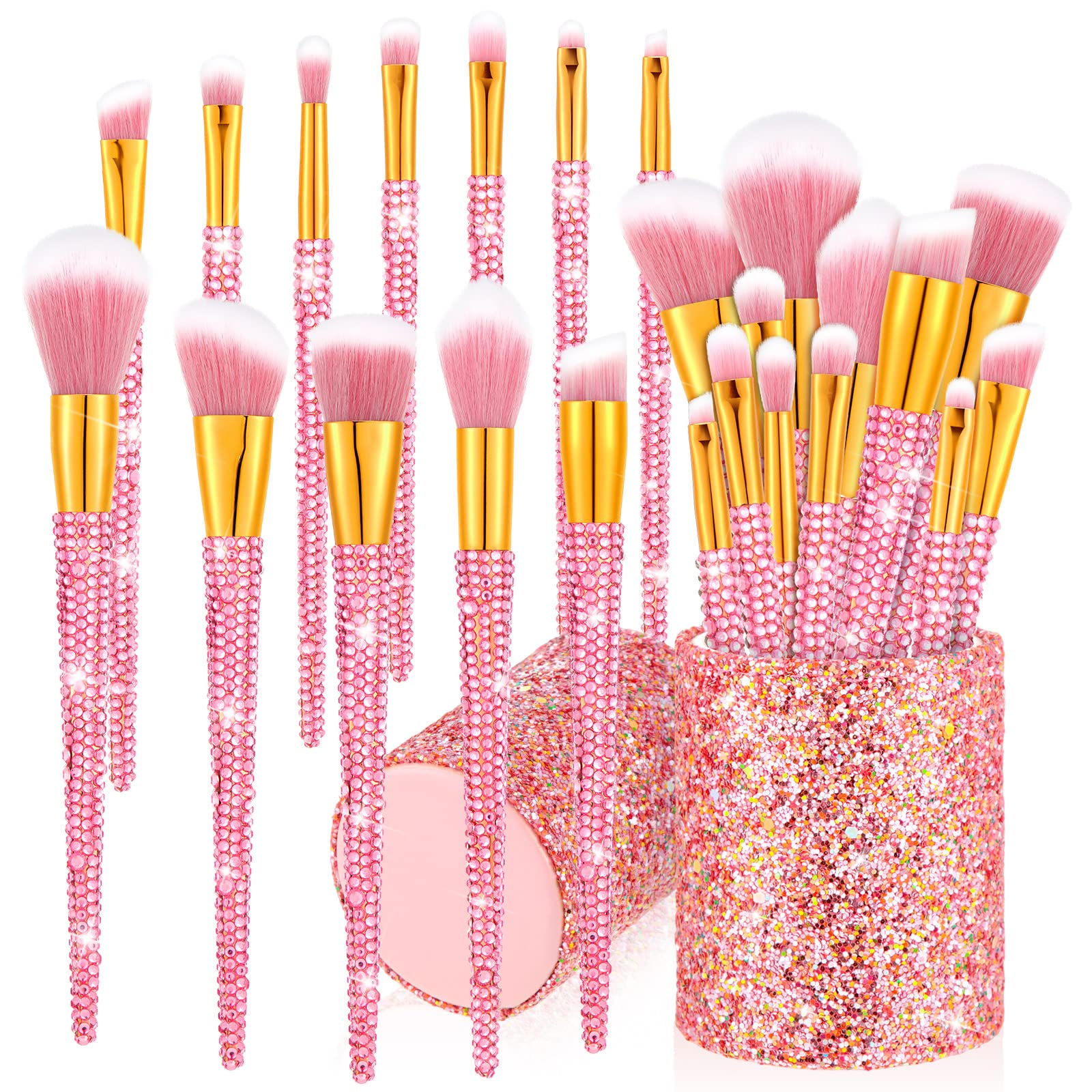 Rtteri 13 Pcs Rhinestone Makeup Brushes Set Yellow Bling Crystal Professional Face Cosmetics Blending Liquid Foundation Powder Concealer Eye Shadows Make up Beauty Tool Glitter with Holder