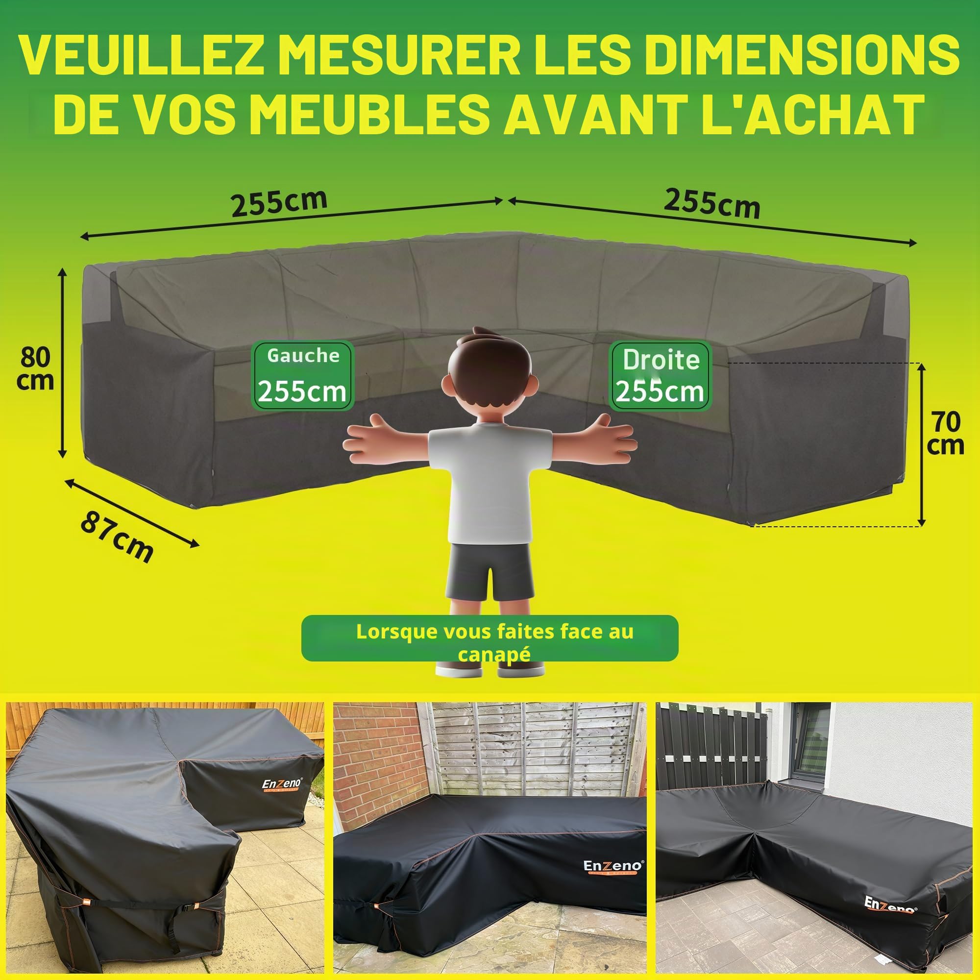Enzeno Housse pour Canapé d Angle Exterieur，Tissu Oxford 420D Lourd bache de Protection pour canape de Jardin Impermeable，bache Salon de Jardin Angle，Couvre Salon Angle de Jardin （255 × 255 × 87 cm）