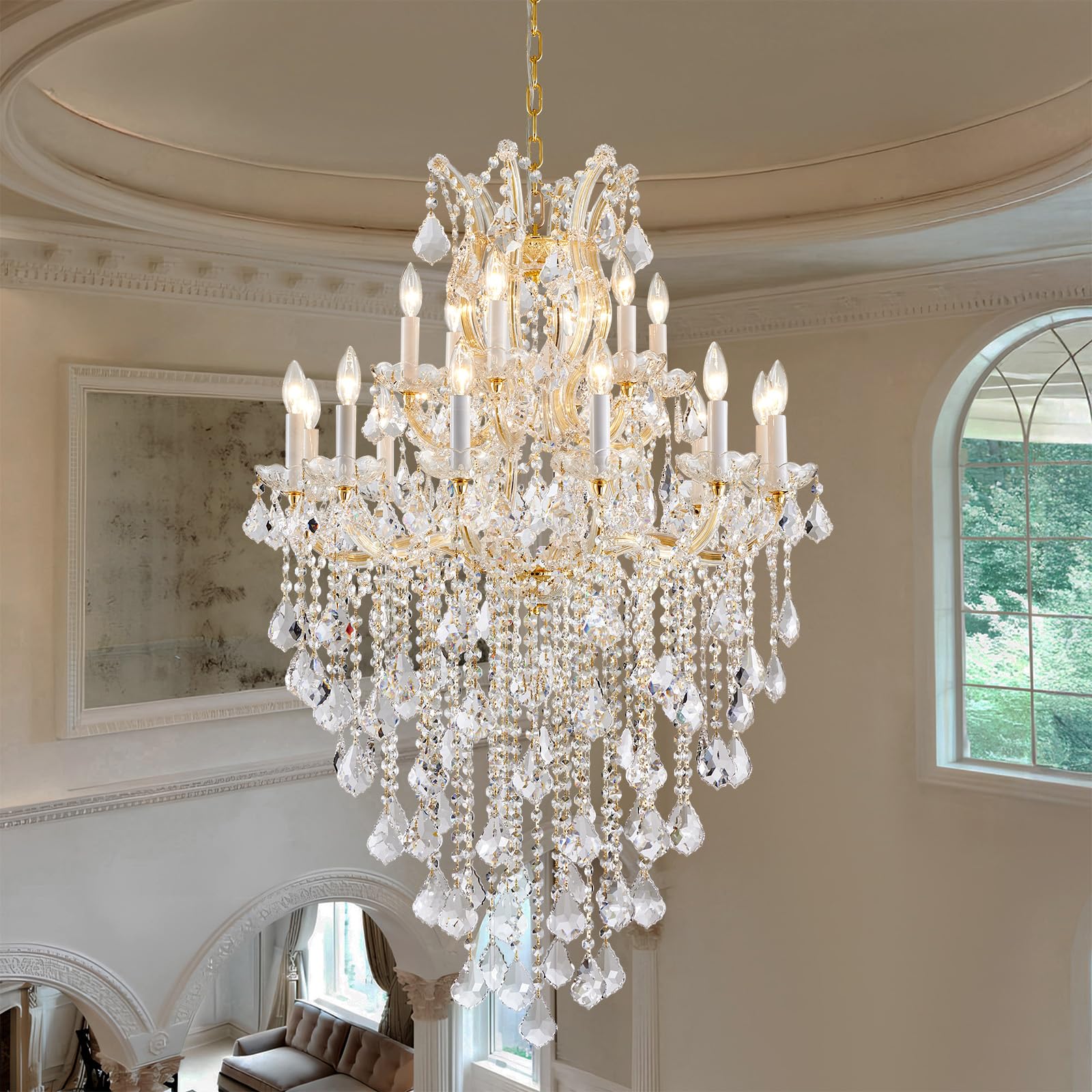 DUNFIZZ Large Modern Gold Crystal Chandeliers 18-Light Foyer