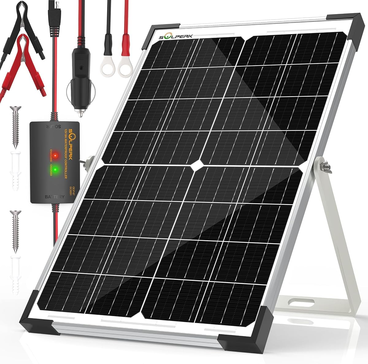 15W Solar Battery Charger 12V Waterproof Solar Panel Charger + Upgrade 8A Charge Controller+ Adjustable Mount Bracket for Car, Motorcycle, Boat, Marine, RV,Trailer, Tractor,Truck, etc.