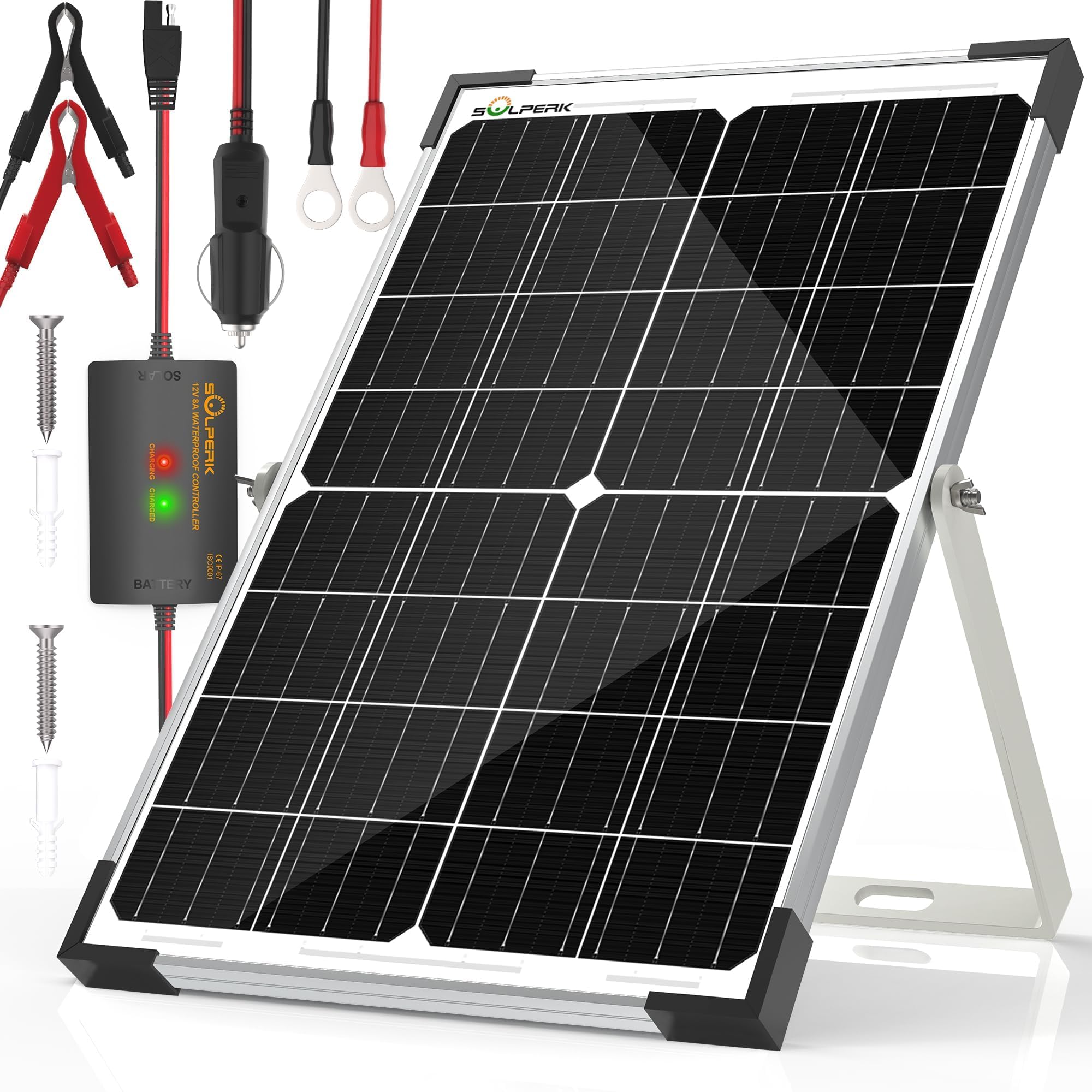SOLPERK Caricabatterie solare da 15 W, 12 V, impermeabile, con regolatore di carica da 8 A, staffa di montaggio regolabile per auto, moto, barca, camper, rimorchio, trattore, camion, ecc.