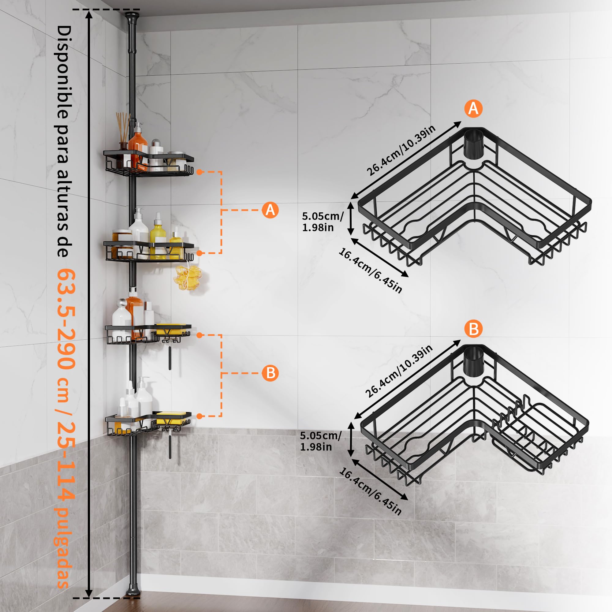 KEGII Telescópica Estantería Ducha, Esquina Estante Ducha, Estanteria baño Sin Taladro, Estanteria Ducha con 4 Cestas para Bañera y Baño, Altura Ajustable 63.5-290 CM，Negro