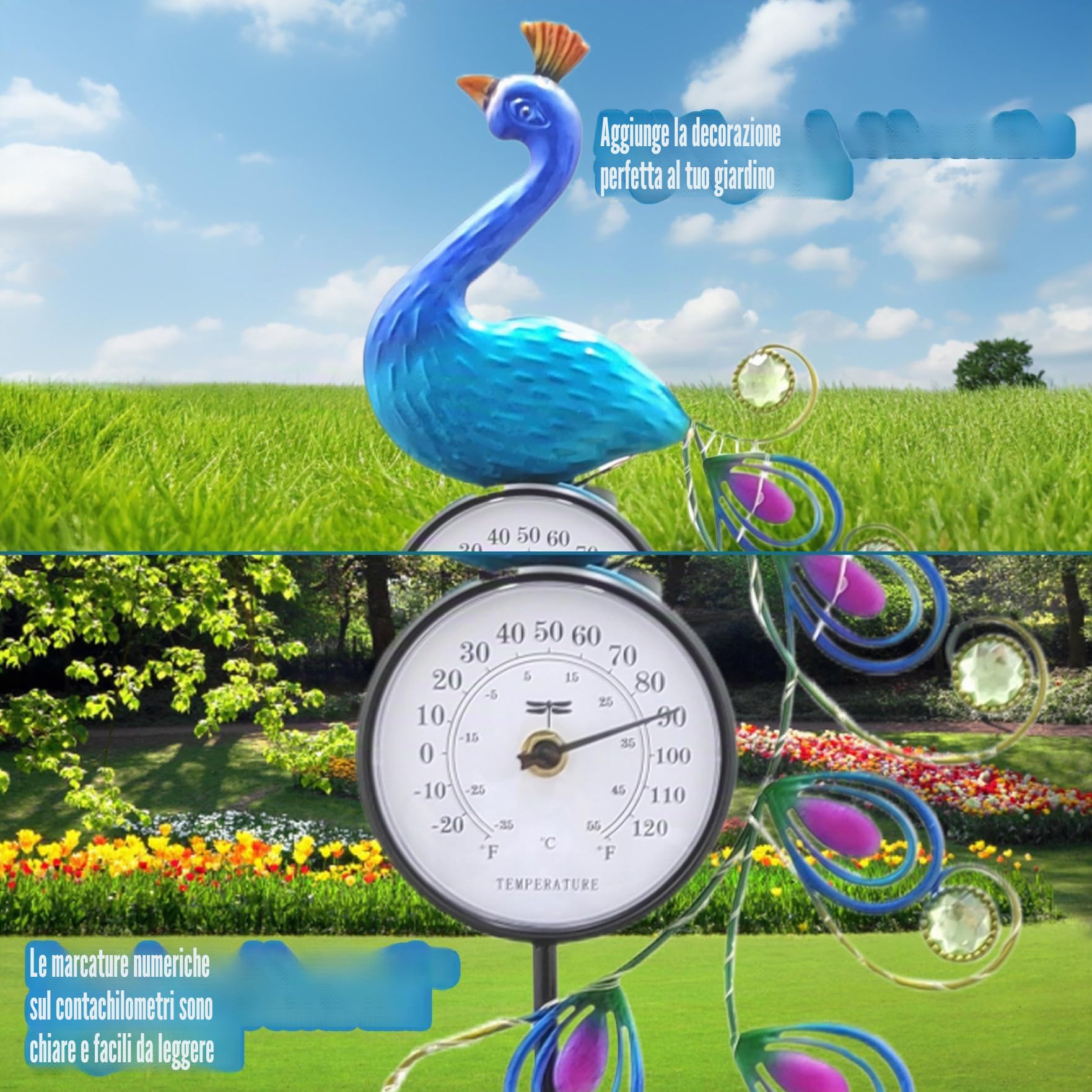 Indicatore di temperatura esterno, termometro per esterni design di pavone luci solari termometro per esterno impermeabile con decorazione per pavoni da 42 pollici per il pace per cortile esterno