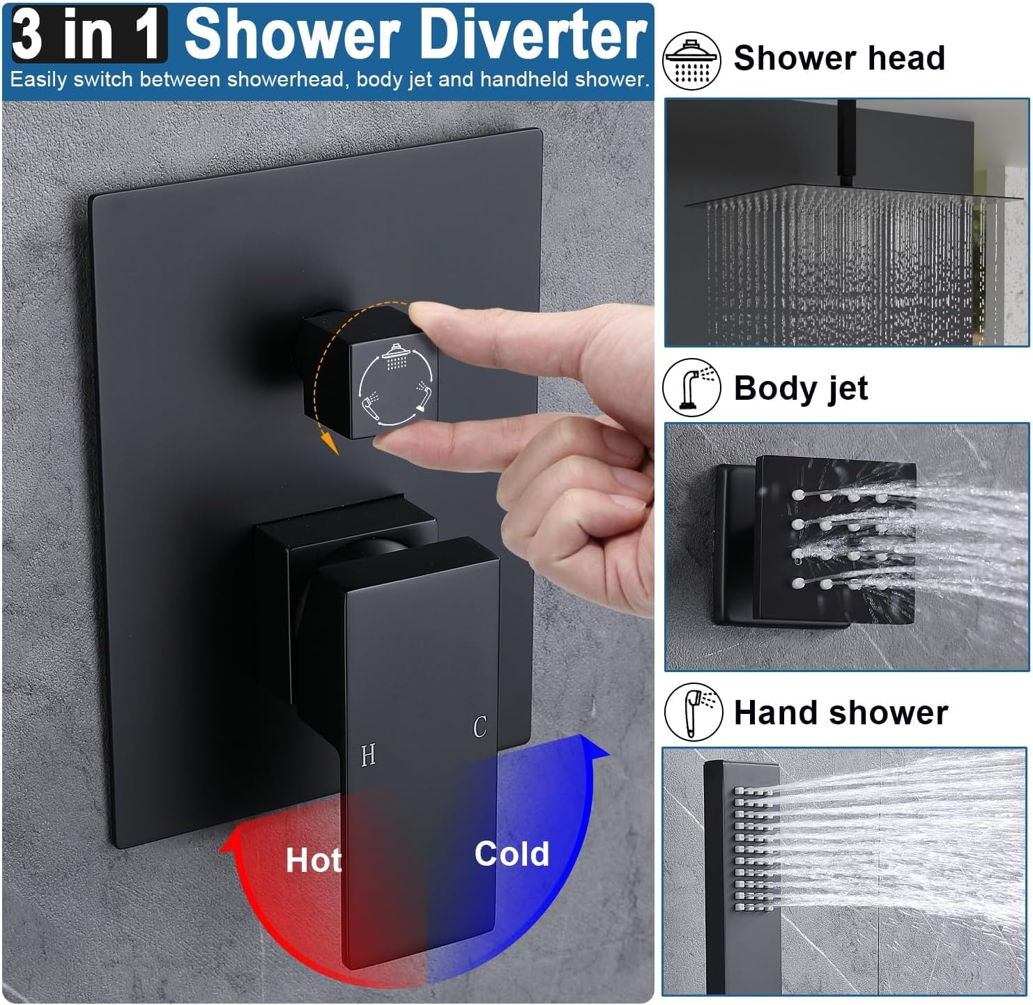 Enga Matte Black Rain Shower System with 4 Body Jets 12inch Wall Mount Rainfall Shower, All Metal Multi Shower Head System with Rough-in Valve