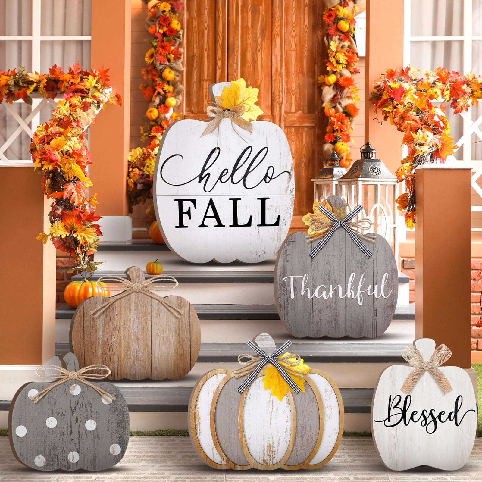 Moucuny Set of 6 Welcome Fall Decorations for Home Outdoor Wood Porch Standings Pumpkin Thanksgiving Decorations Home Sign Fall Harvest Lettered for Front Door Garden Decoration (Dark Color,Vintage)-image-21