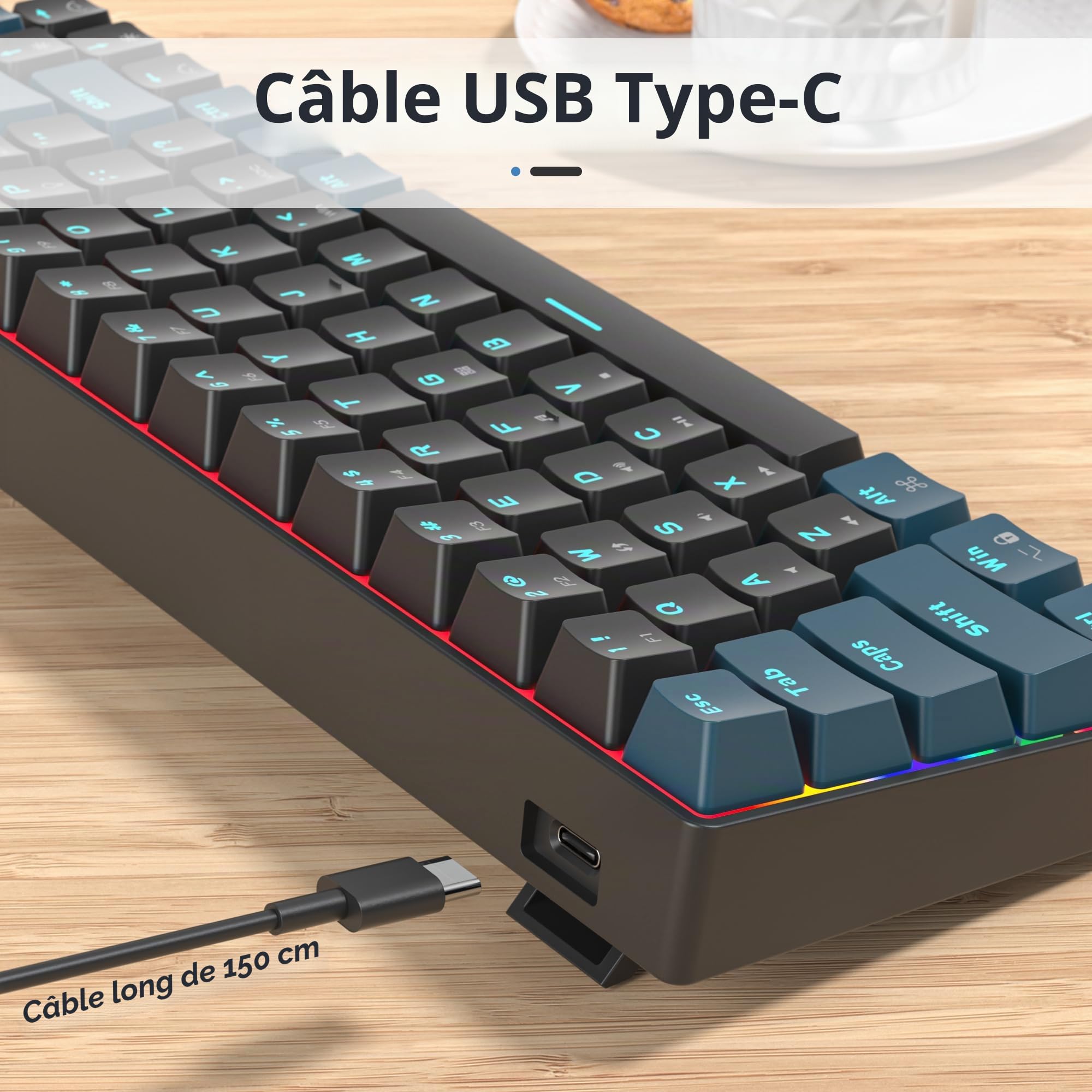 Clavier Gamer Mecanique - Mini Clavier 60 Pourcent American QWERTY Filaire, 68 Keys Compact Clavier Gaming LED Rétroéclairage Switchs Rouge, USB Mechanical Keyboard Anti-ghosting