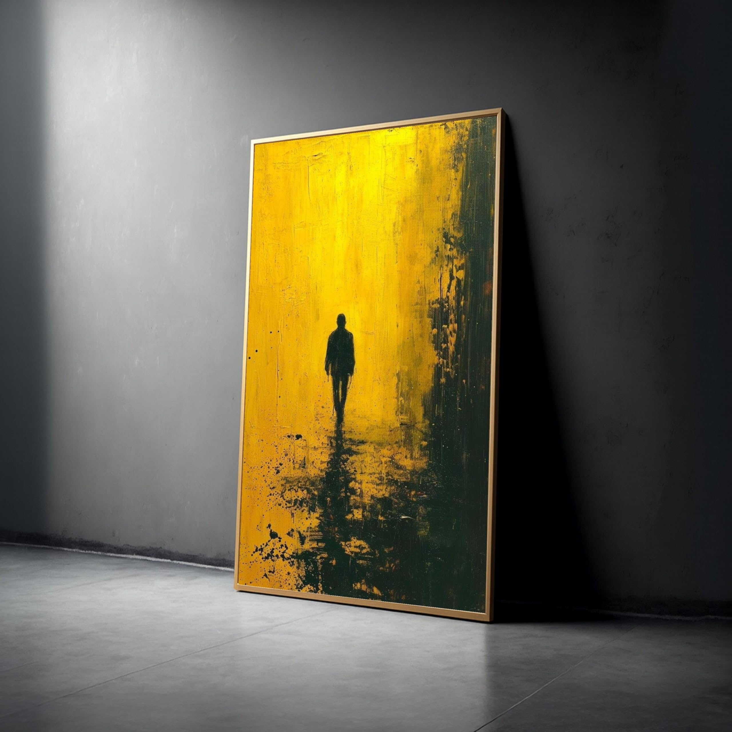 XINBAO Abstrakcyjna sylwetka obrazu na płótnie, żółto-czarna figurka, minimalistyczna dekoracja mieszkania, dramatyczny cień, gotowy do zawieszenia (60 x 105 cm/rama wewnętrzna)