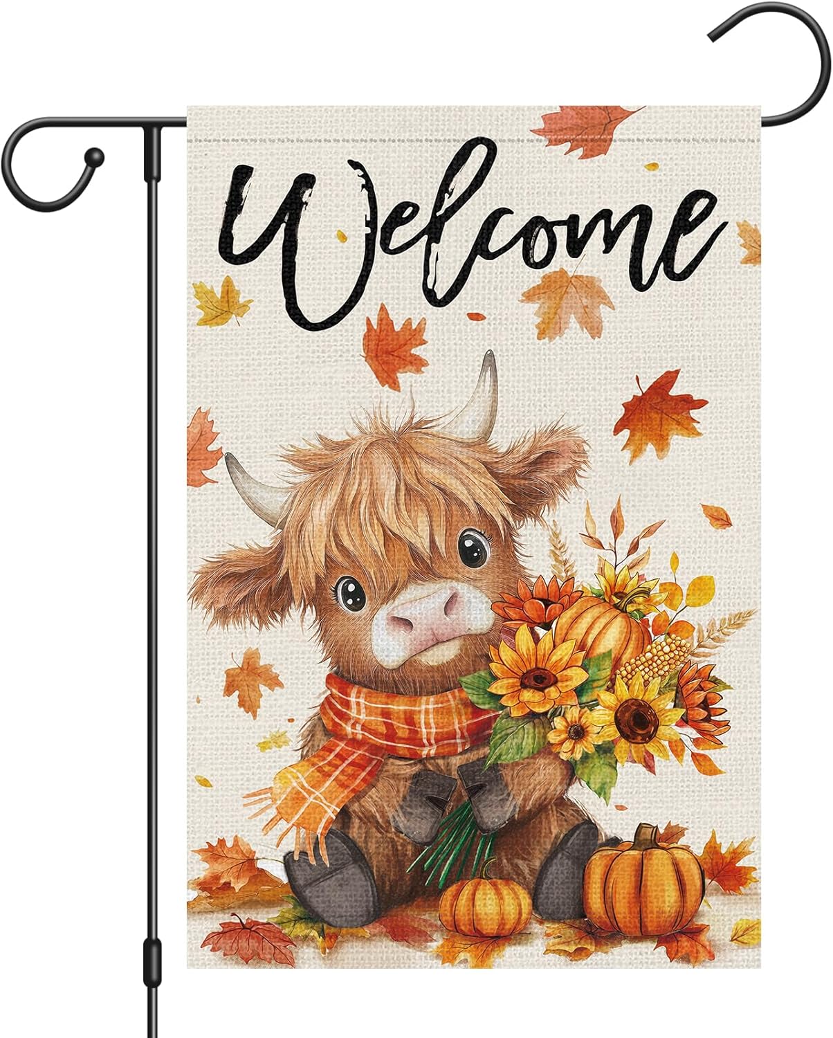 Heyfibro Welcome Fall Highland Cow Garden Flag 12x18 Double Sided Burlap, Autumn Pumpkin Sunflower Yard Flags for Thanksgiving Rustic Seasonal Outside Outdoor Decoration (ONLY FLAG)