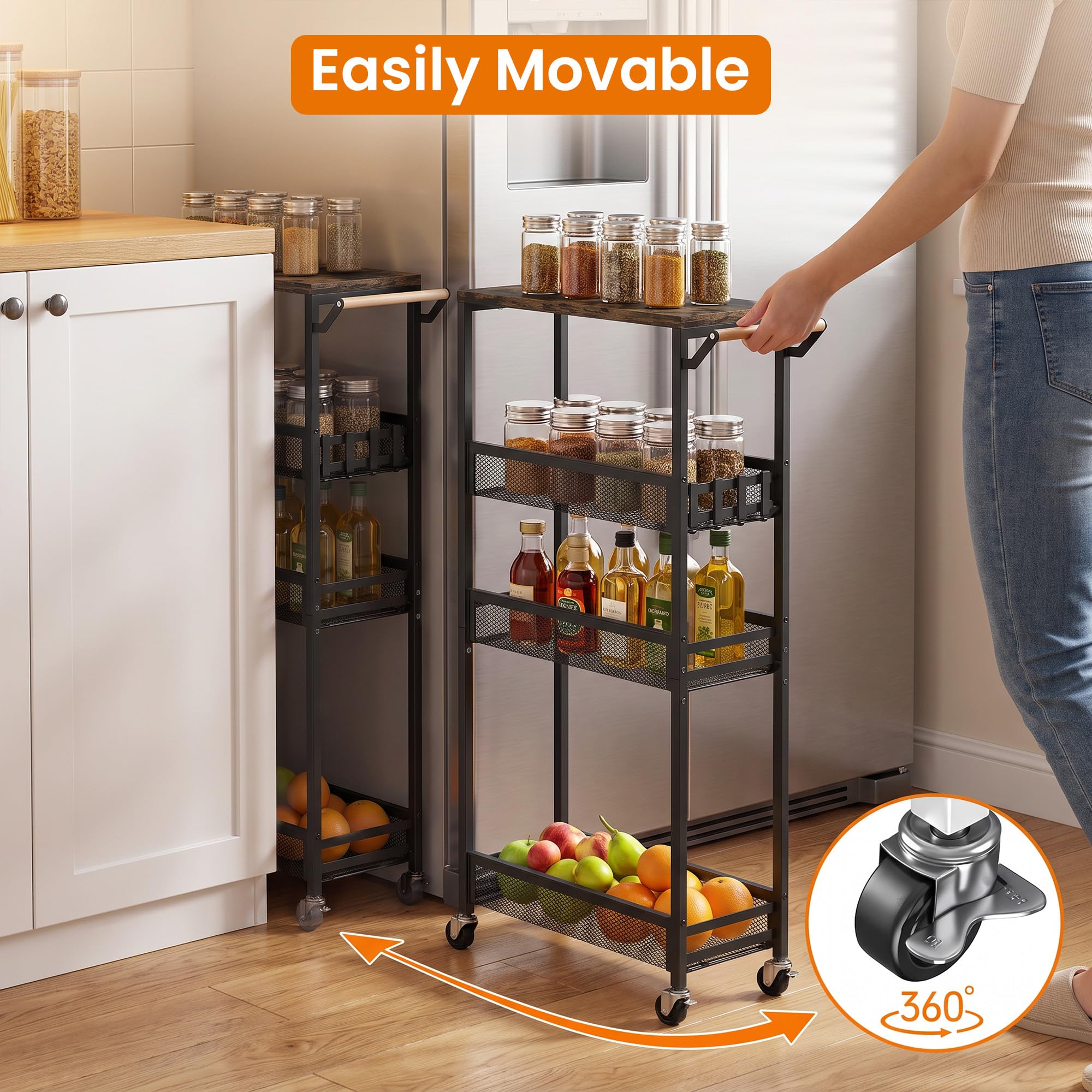 Carrello portaoggetti sottile con ripiano regolabile, 4 ripiani, largo 18 cm, con piano in legno, piccolo scaffale mobile in metallo, organizer per lavanderia, bagno, cucina