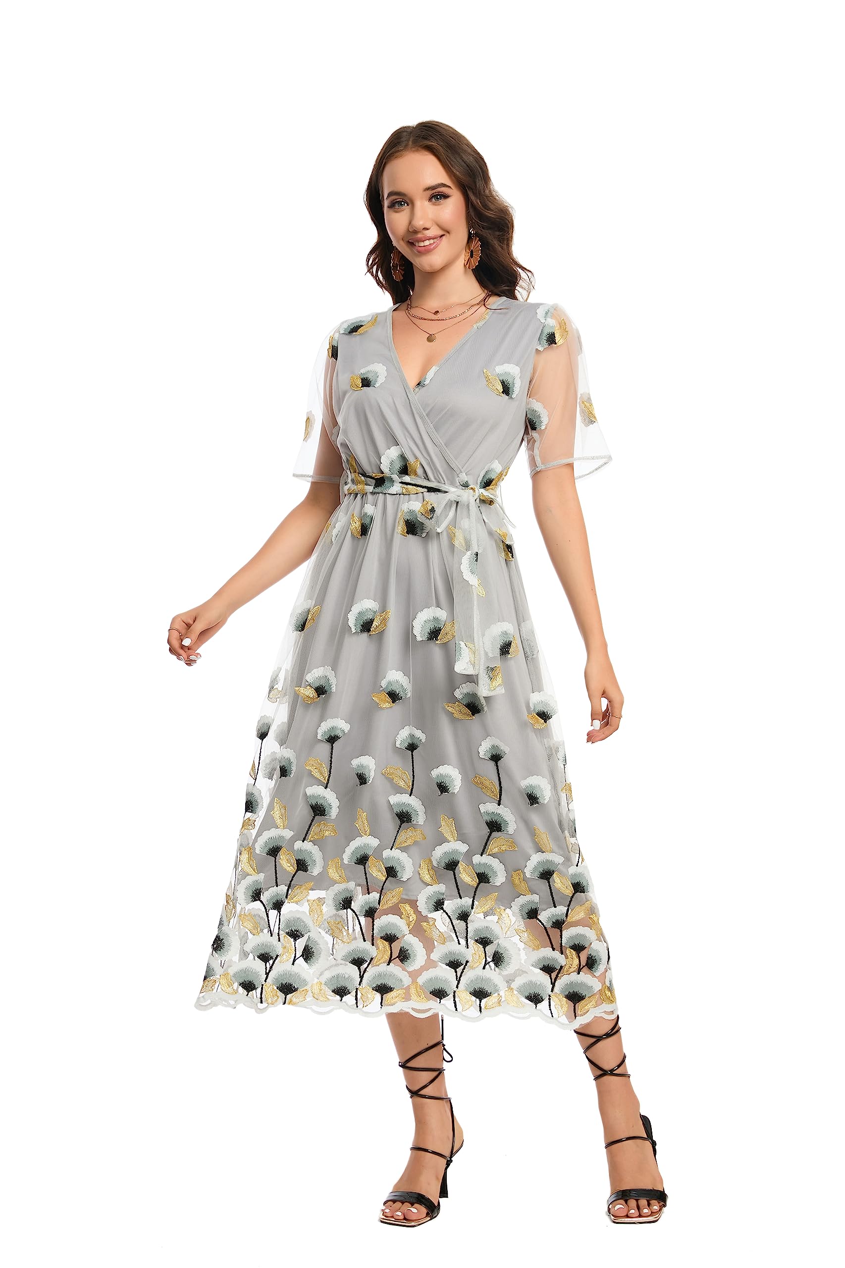 BaronHong Women's Floral Embroidered Tulle Prom Half-Sleeve V Neck Midi Dress with Waist Strap