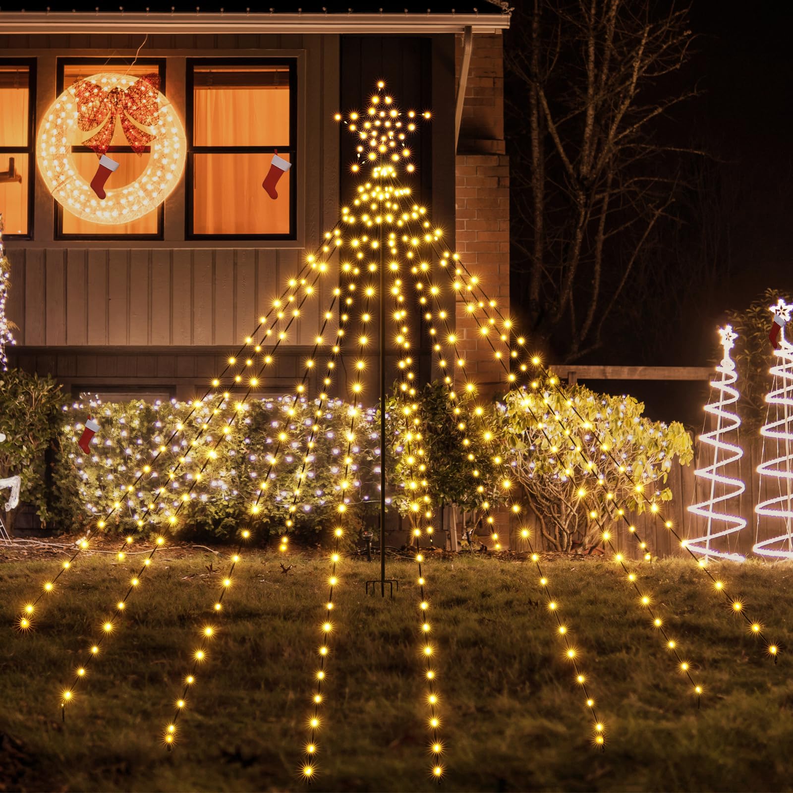 Christbaumbeleuchtung mit Ring und Sterne, 340 LEDs Lichterkette Weihnachtsbaum Warmweiß mit Fernbedienung, 8 Modi dimmbar, Timer, Weihnachtsbeleuchtung Außen für Garten, Rasen und Außenbereich