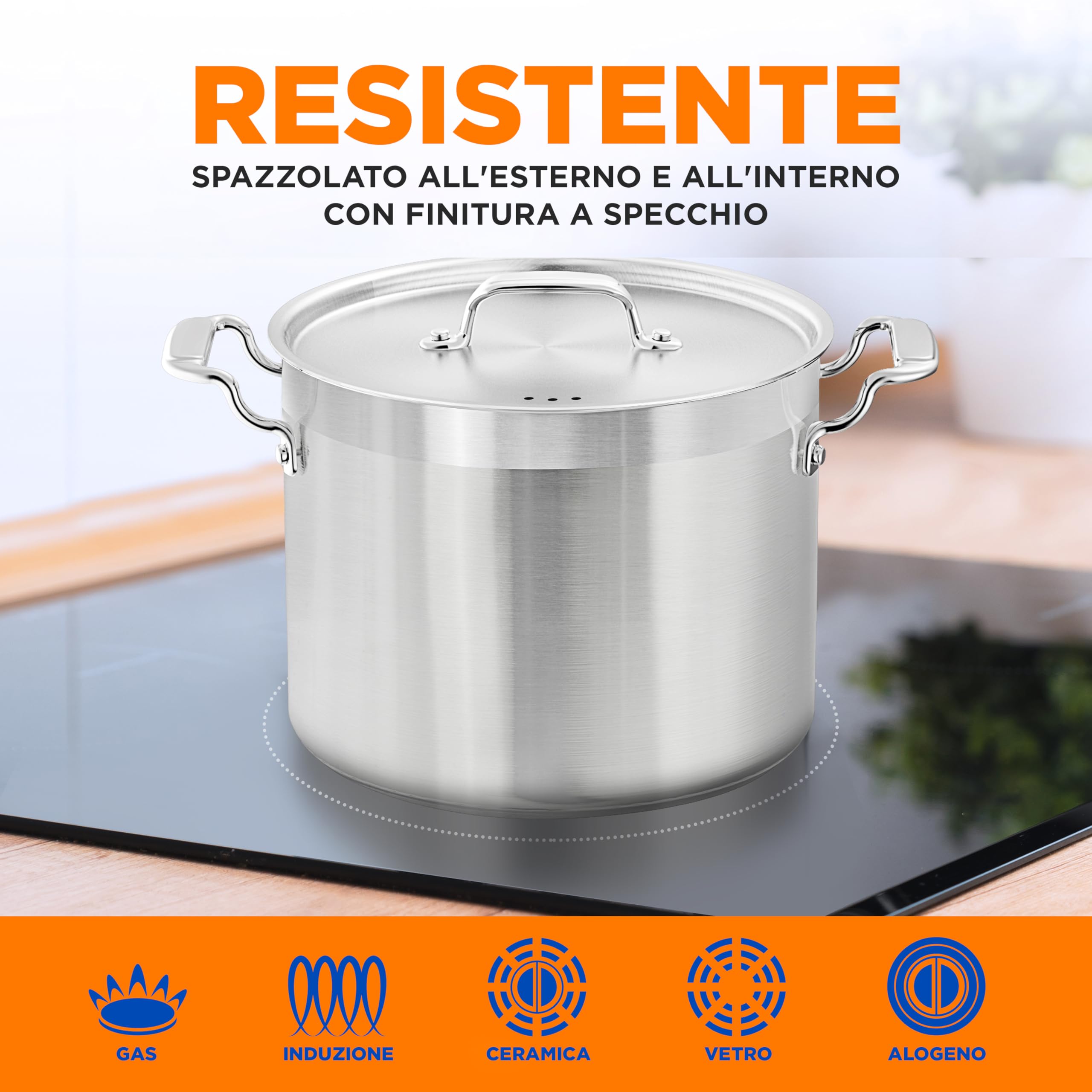 NutriChef Pentola Acciaio Inox 13,2 L con Coperchio, Manici Ergonomici, Pentola Induzione Resistente, Ideale per Cucine Professionali e Casa
