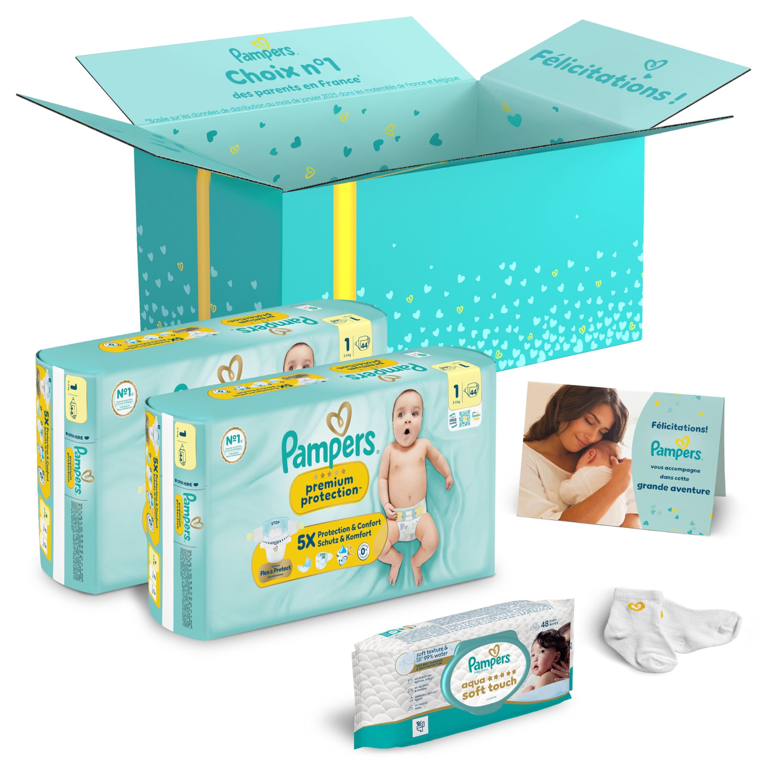 Pampers Premium Protection New Baby Taille 1 (2-5 Kg) – 180 Couches + 10 Lingettes Harmonie Aqua – Protection Et Confort Maxi Pour Nouveau-nés