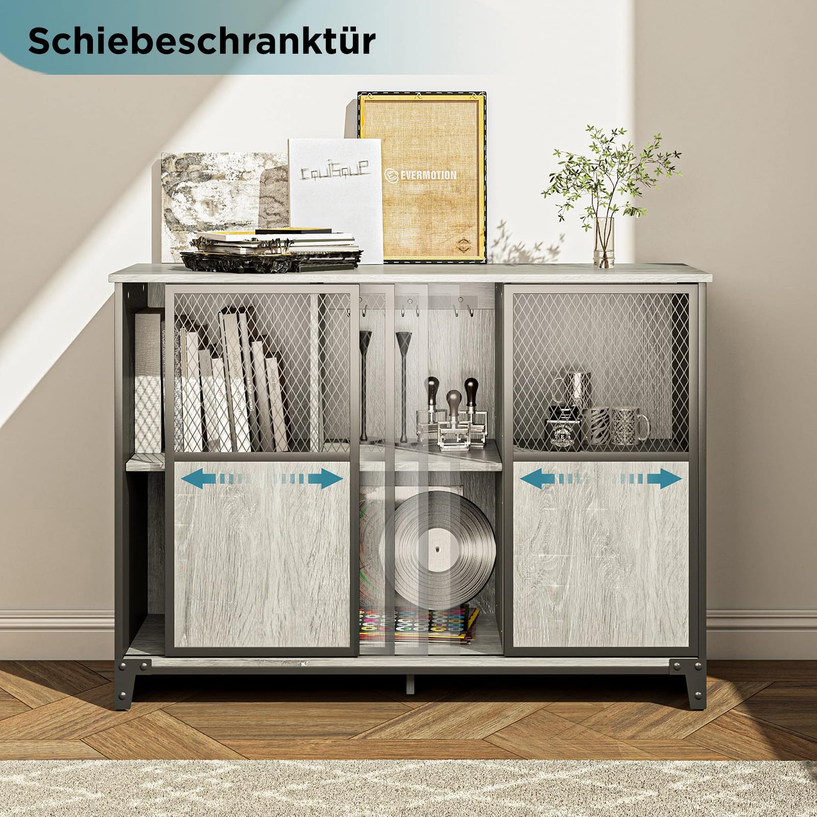 Bestier Industrie Bar-Schrank für Spirituosen und Gläser mit schiebbarer Metallgittertür Küchenbeistelltisch Buffet mit Weinregal und verstellbarem Regal Home Bar Möbel Grau