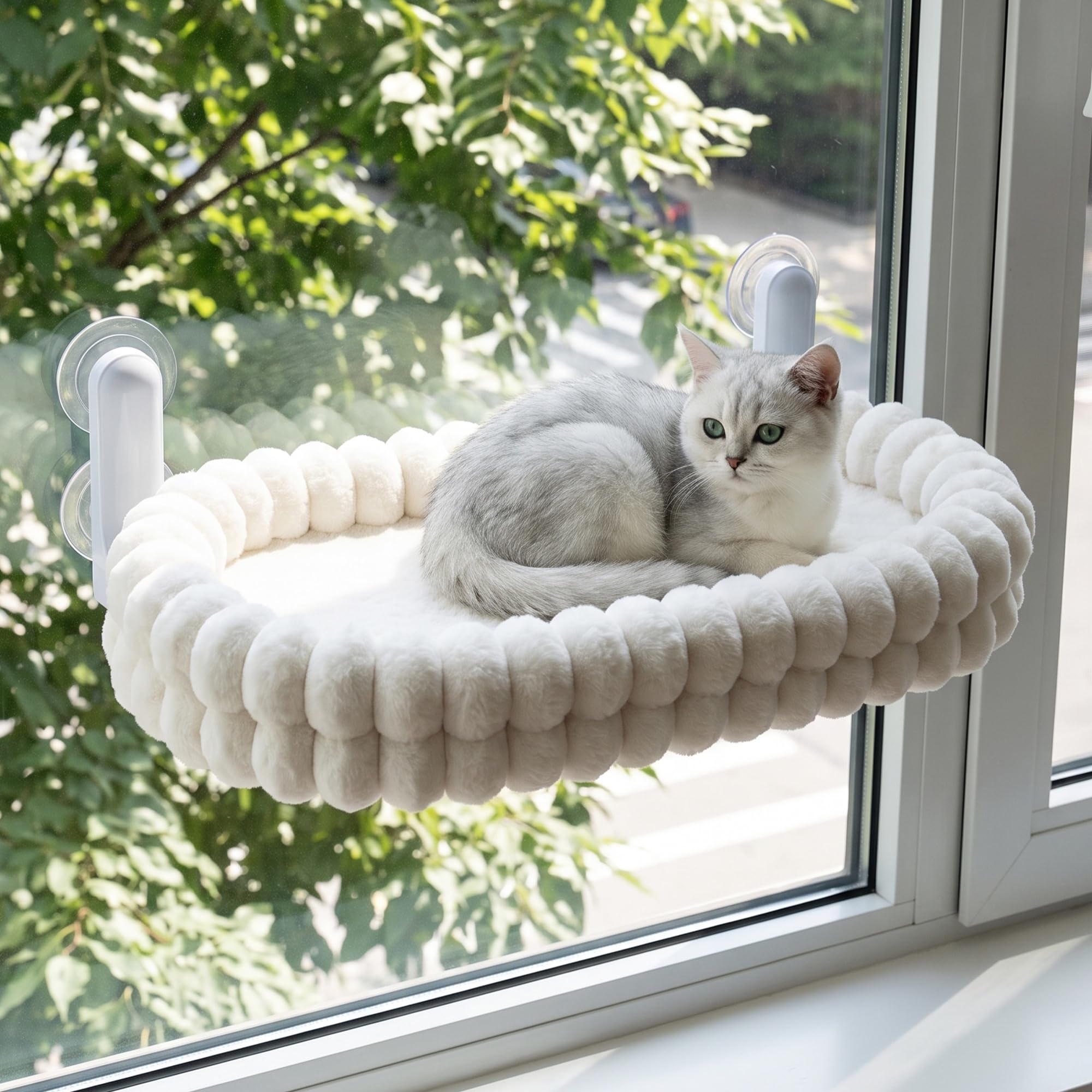 Hamac pliable pour chat avec poche d'aspiration puissante, cadre en acier robuste, peut supporter jusqu'à 18 kg, coussin doux double face amovible et lavable, convient pour toutes les saisons