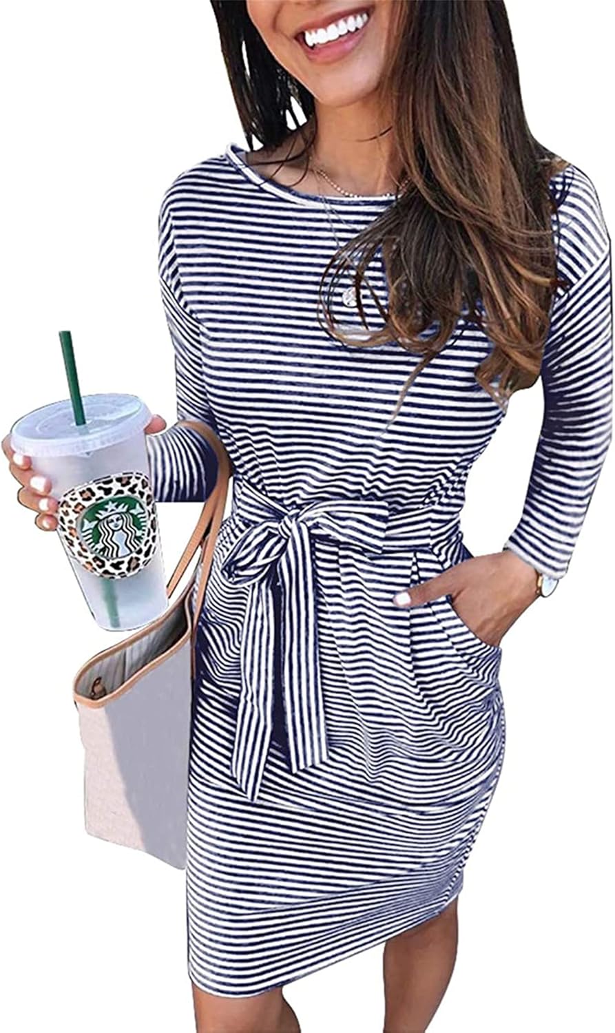 PRETTYGARDEN Women's Fall Bodycon Party Dress Casual Long Sleeve Tie Waist Fitted Sheath Pencil Dresses with Pockets