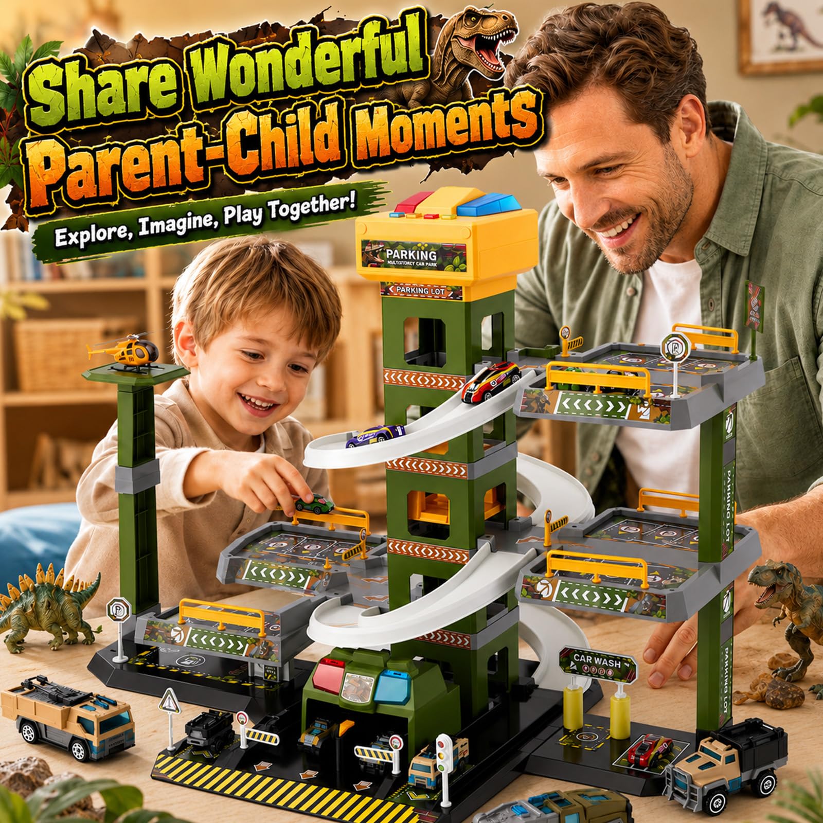 5 Stockwerke Parkgarage für Kinder, Dinosaurier-Thema Spielzeug Parkhaus mit 12 Autos und 1 Hubschrauber für Kinder, Parkhaus mit Aufzug, Geschenke für 3-9 Jahren